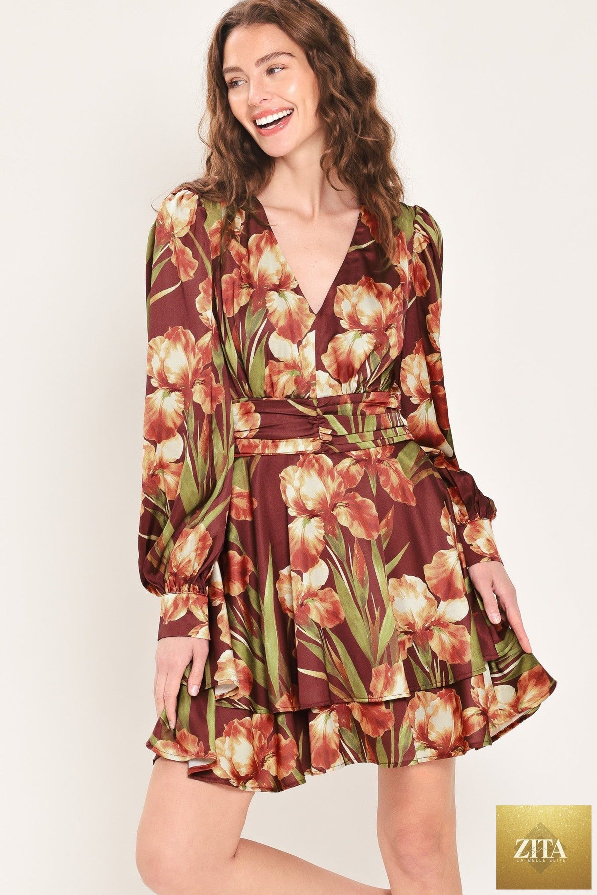BURGUNDY CRUSH PRINTED RUCHED-WAIST TIERED MINI DRESS