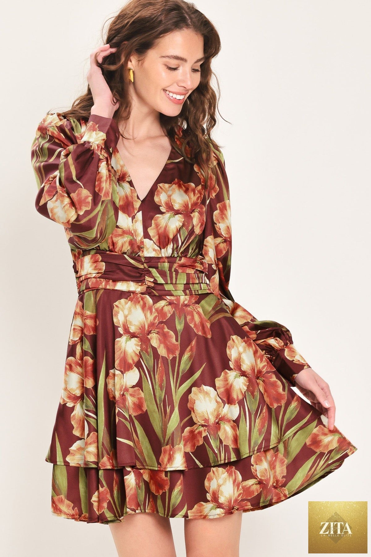 BURGUNDY CRUSH PRINTED RUCHED-WAIST TIERED MINI DRESS