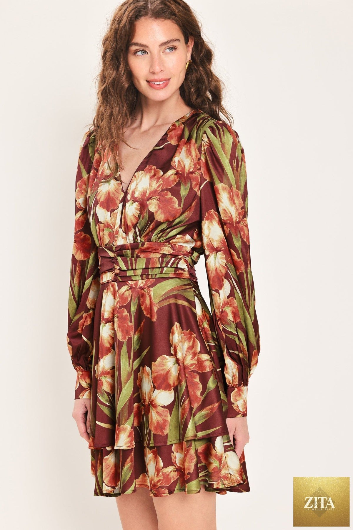 BURGUNDY CRUSH PRINTED RUCHED-WAIST TIERED MINI DRESS