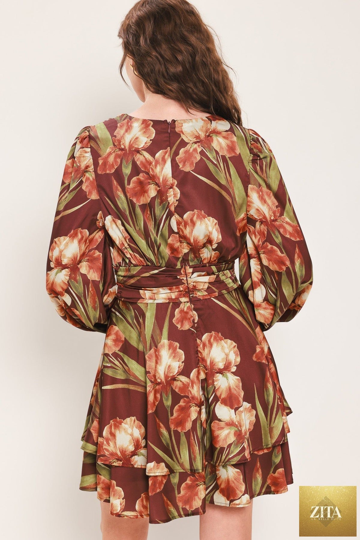 BURGUNDY CRUSH PRINTED RUCHED-WAIST TIERED MINI DRESS