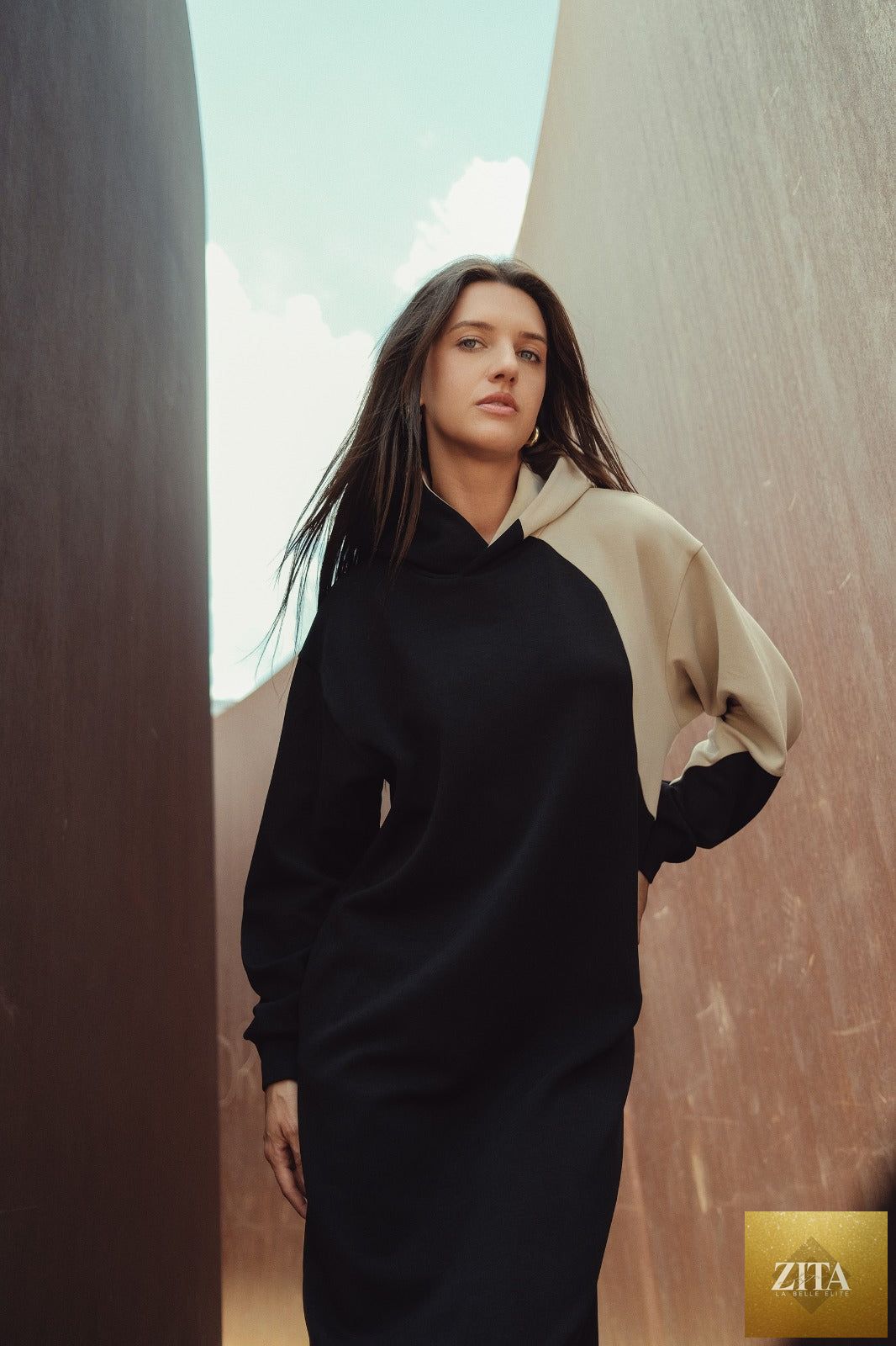 Profile NYC scuba hoodie dress worn as a 2-piece cover-up swimsuit, featuring a hooded top and matching bottom.