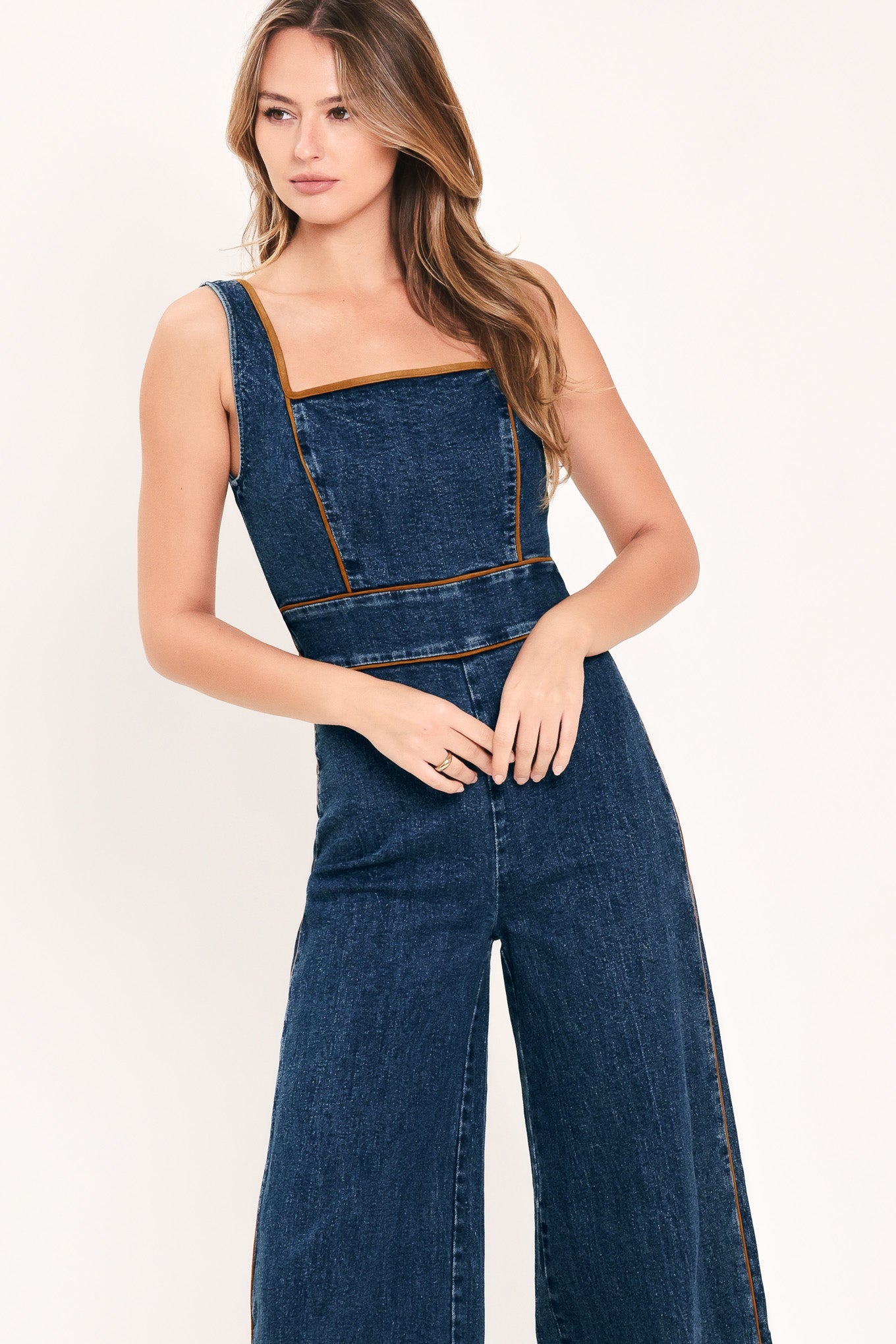 Flying Tomato Western Star Daydream denim jumpsuit in medium indigo, featuring a relaxed fit and classic denim details.