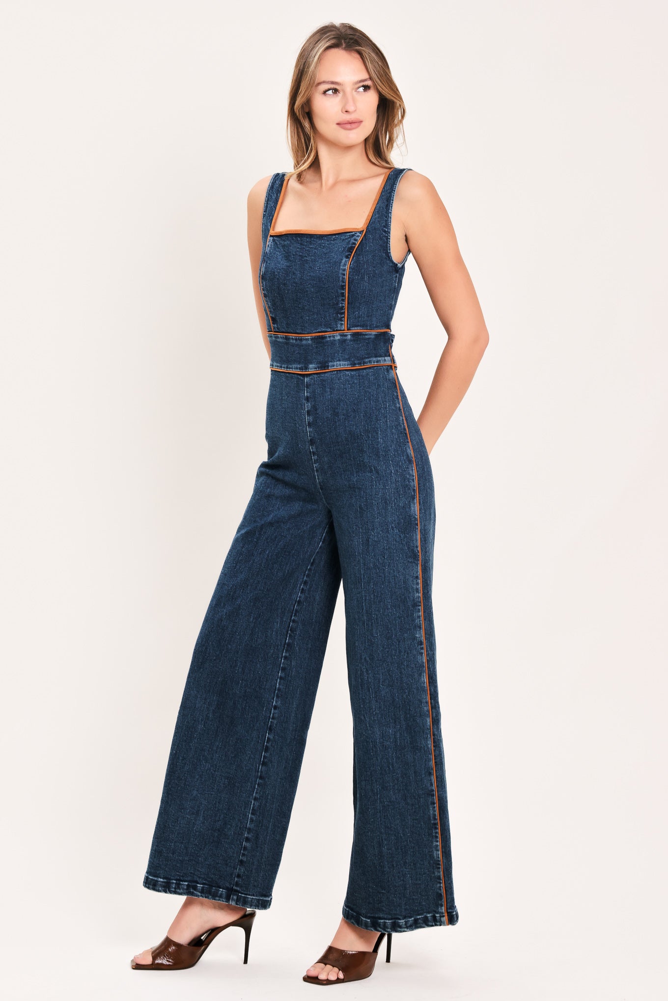 Flying Tomato Western Star Daydream denim jumpsuit in medium indigo, featuring a relaxed fit and classic design.