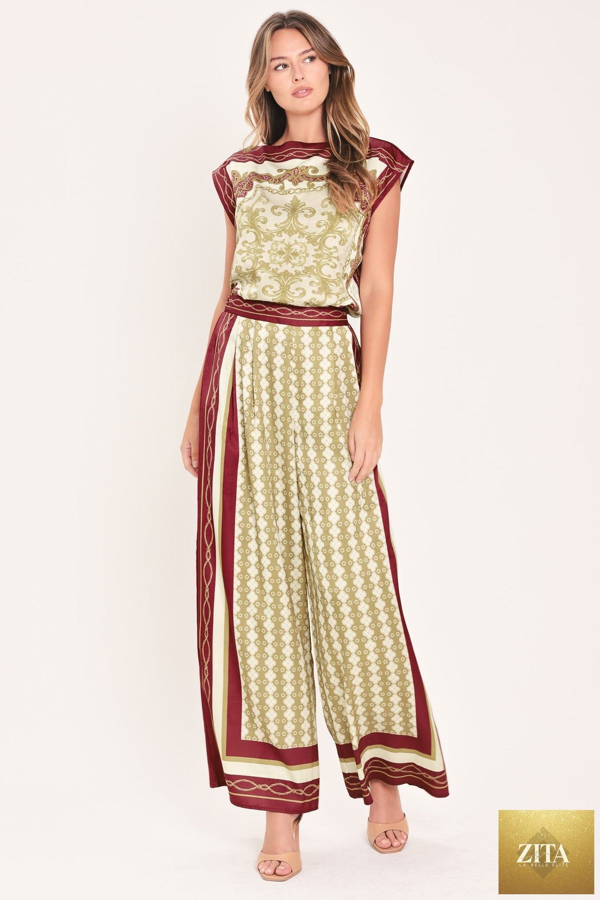 VINTAGE VINE BURGUNDY PRINTED WIDE-LEG PANTS