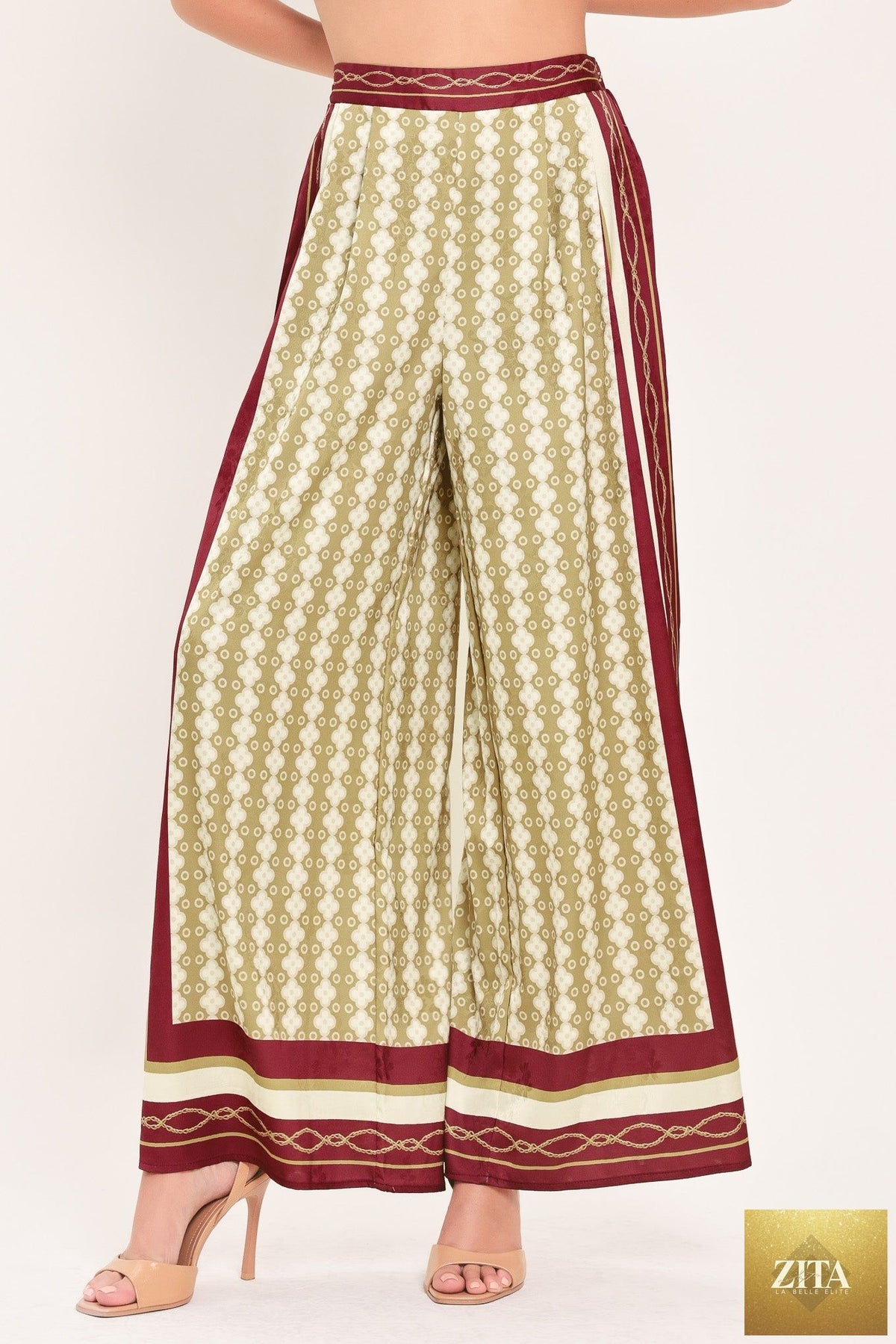 VINTAGE VINE BURGUNDY PRINTED WIDE-LEG PANTS