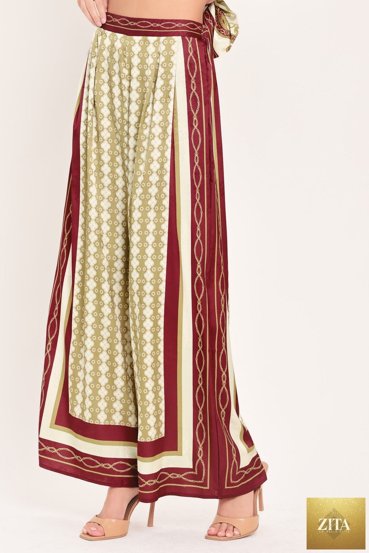 VINTAGE VINE BURGUNDY PRINTED WIDE-LEG PANTS