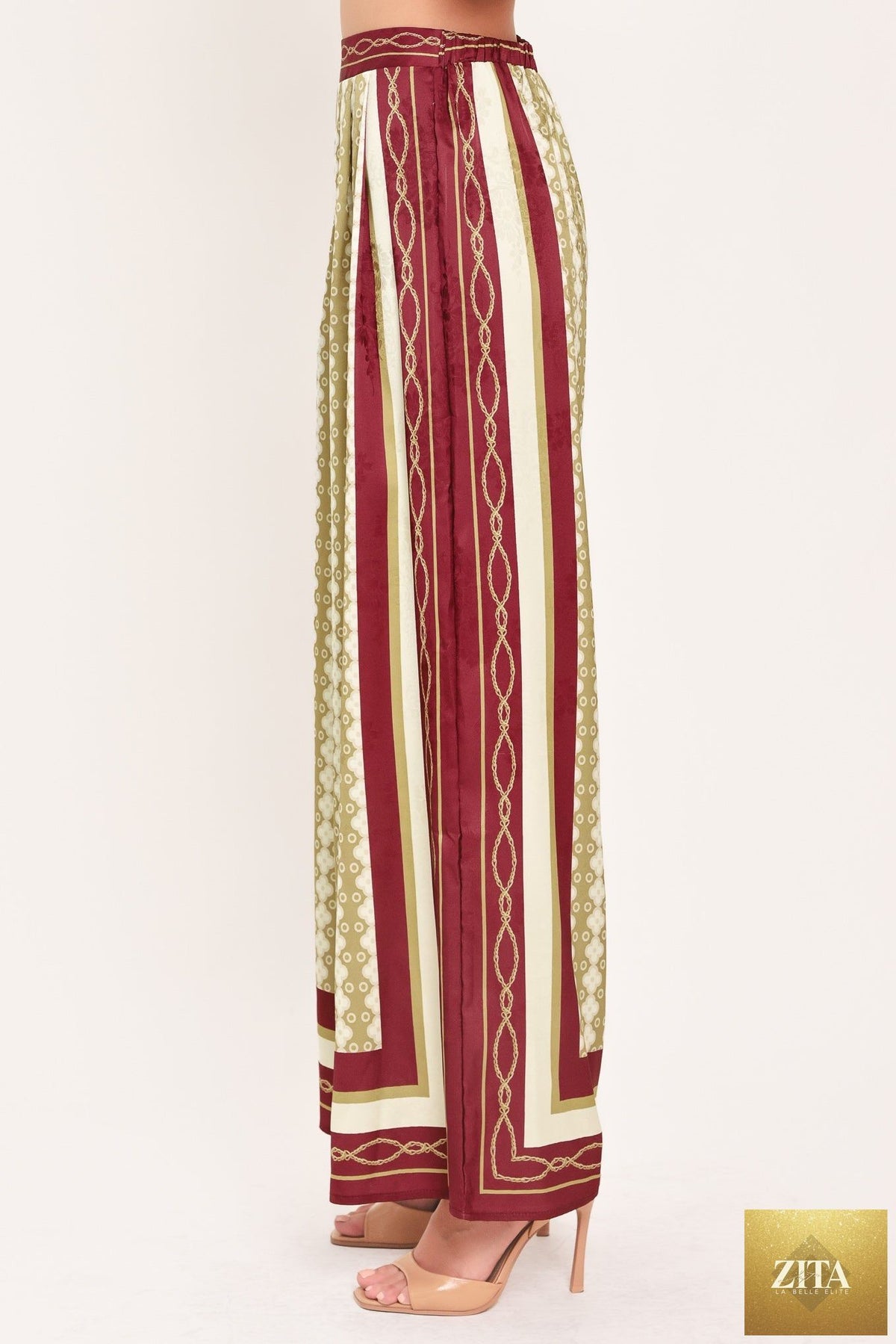VINTAGE VINE BURGUNDY PRINTED WIDE-LEG PANTS