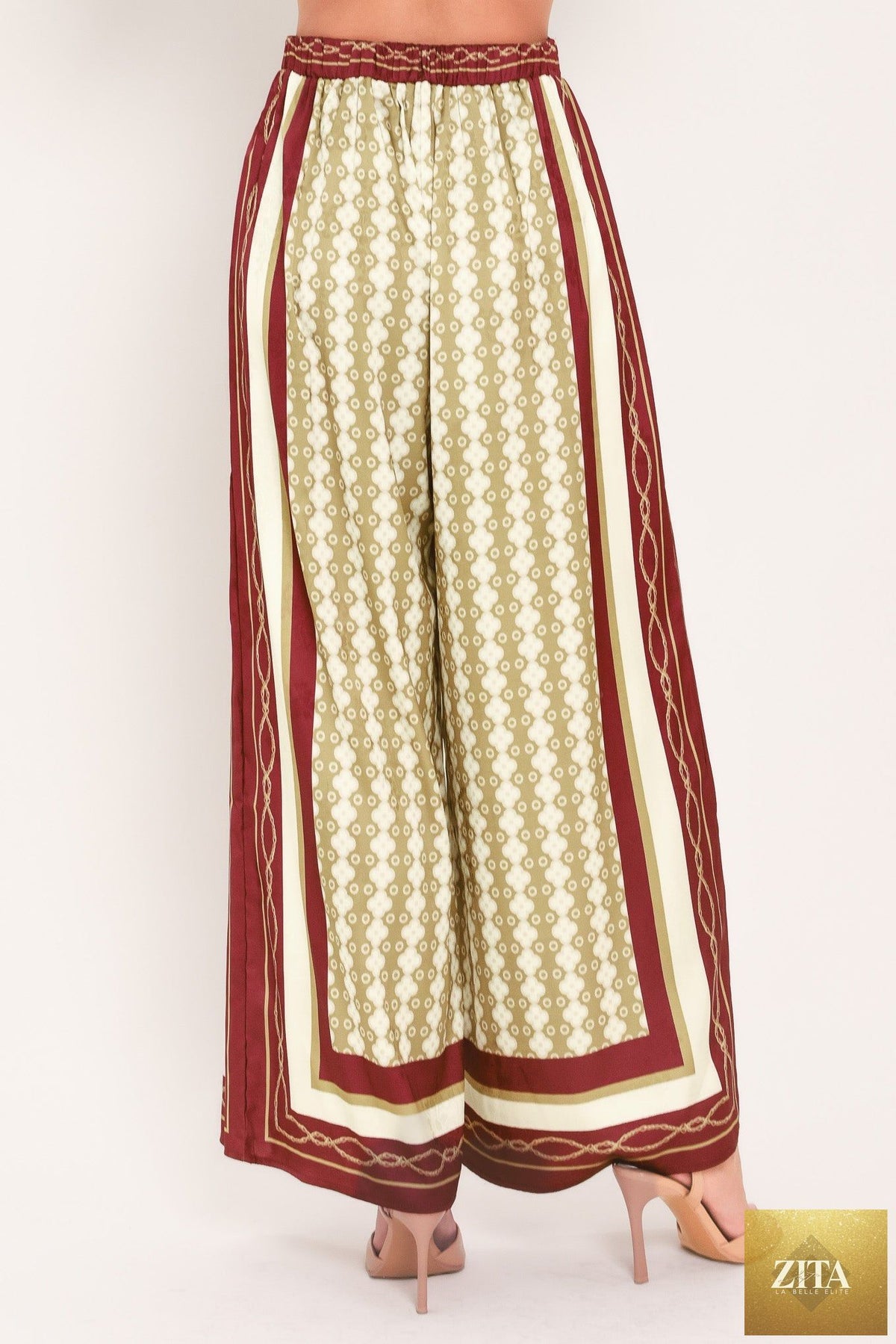 VINTAGE VINE BURGUNDY PRINTED WIDE-LEG PANTS