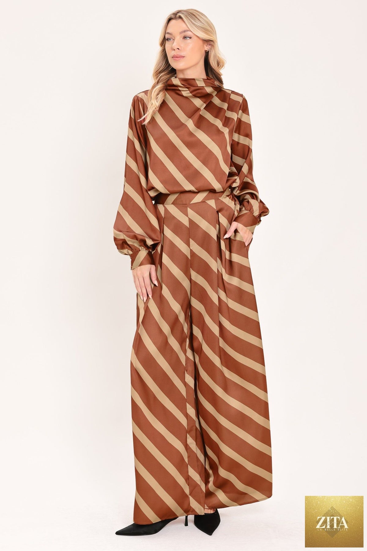 TOFFEE DIAGONAL FLOW WOVEN WIDE LEG PANTS