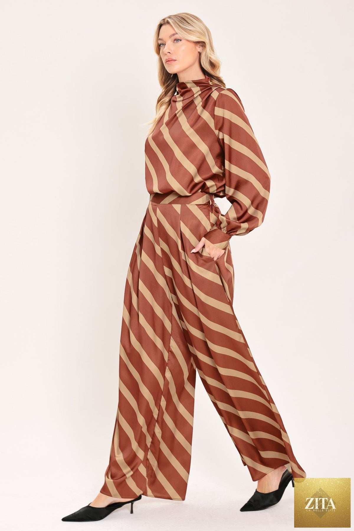 TOFFEE DIAGONAL FLOW WOVEN WIDE LEG PANTS