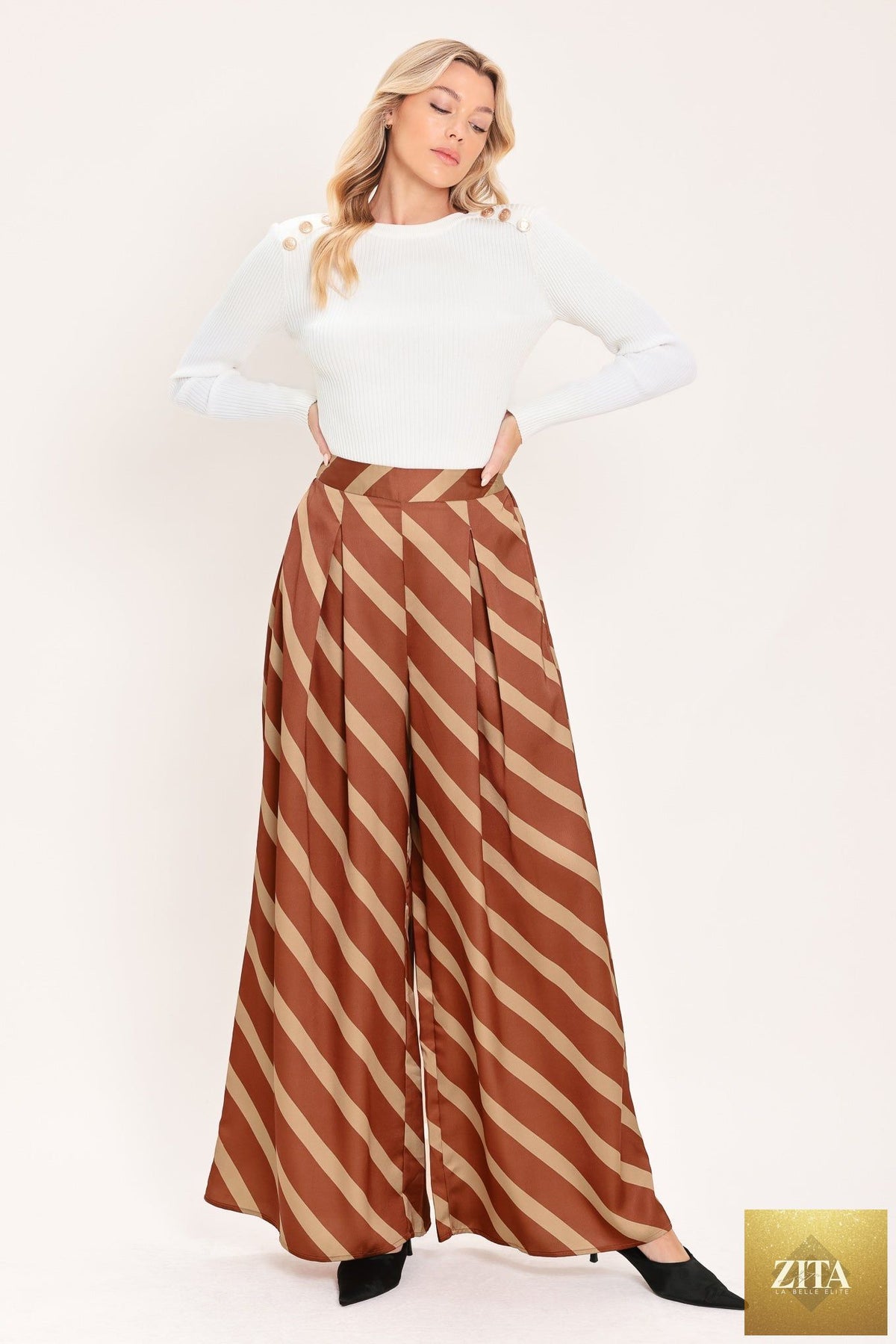 TOFFEE DIAGONAL FLOW WOVEN WIDE LEG PANTS