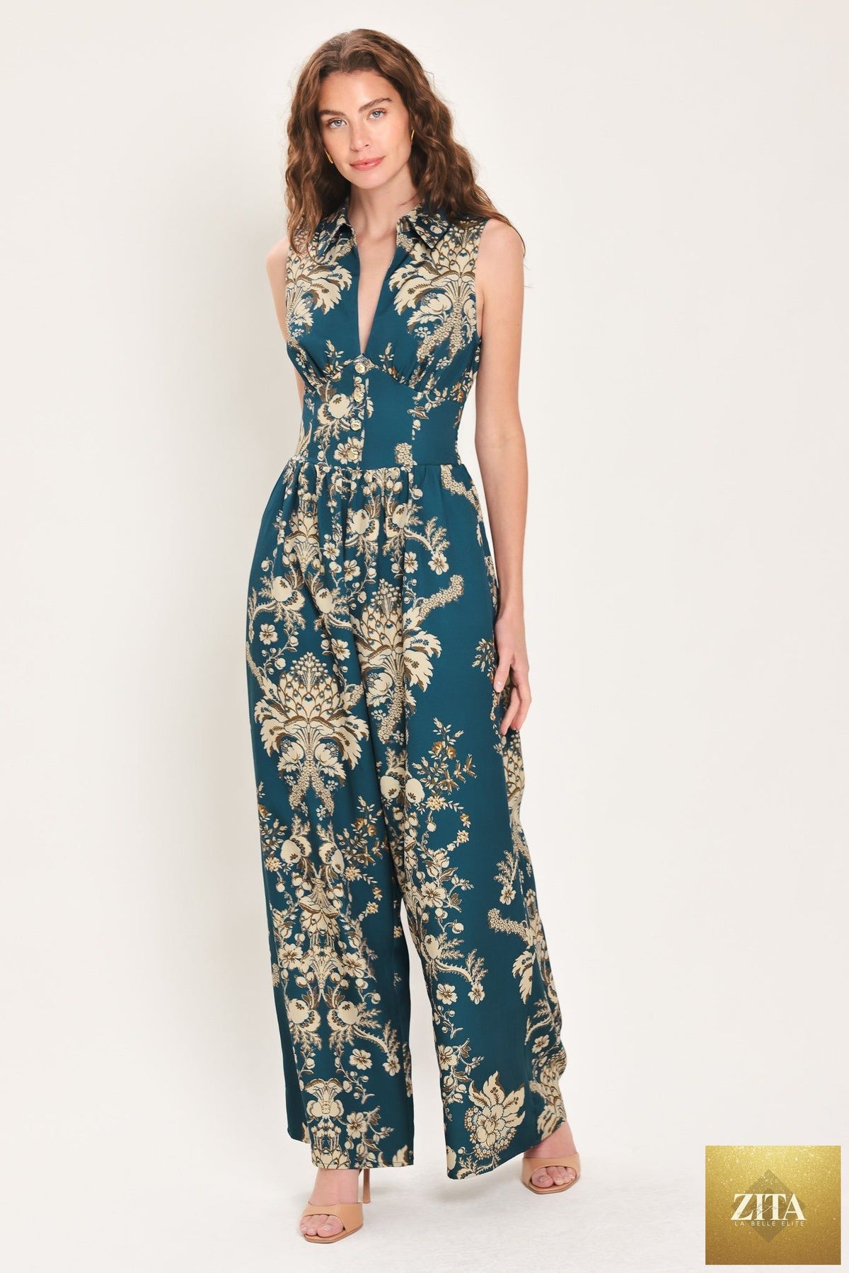 TEAL TAKEOVER PRINTED COLLARED WIDE-LEG JUMPSUIT