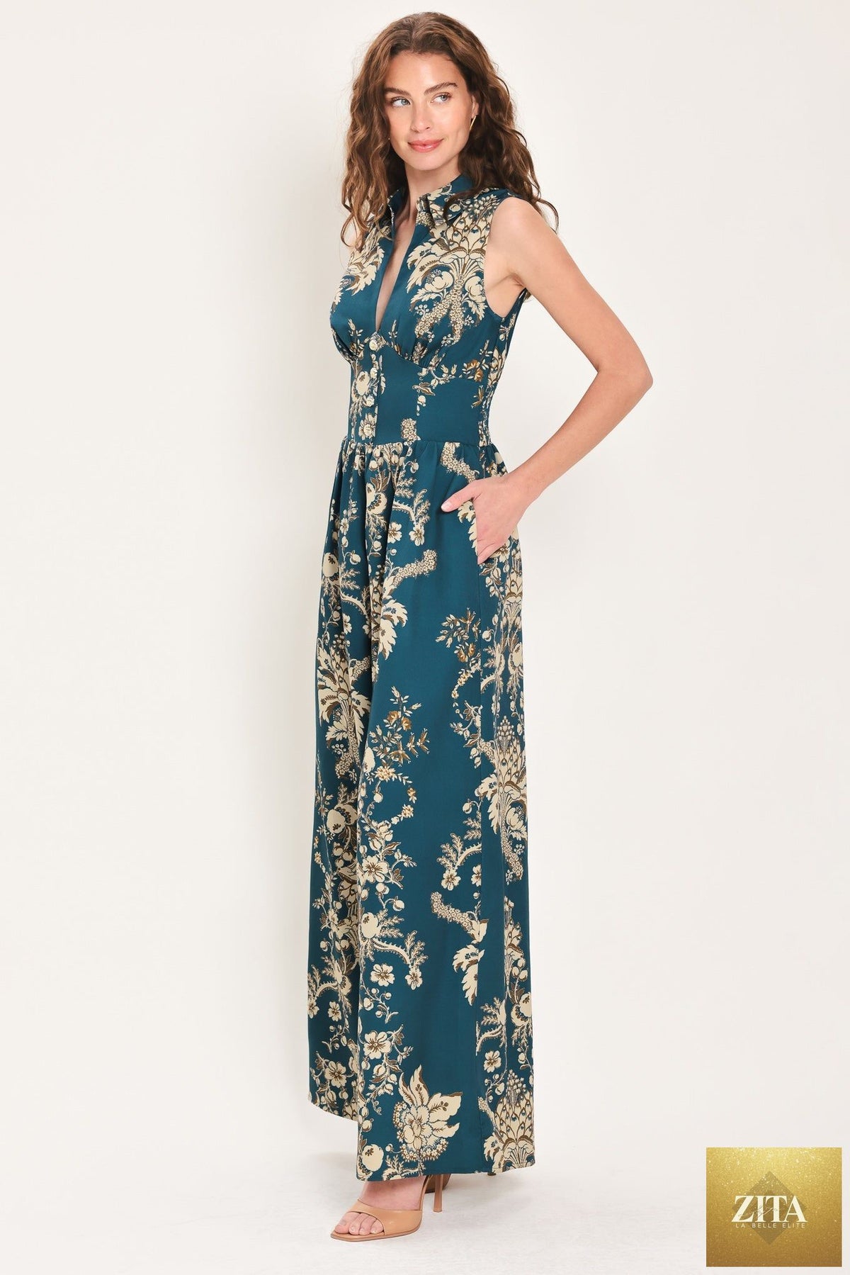TEAL TAKEOVER PRINTED COLLARED WIDE-LEG JUMPSUIT