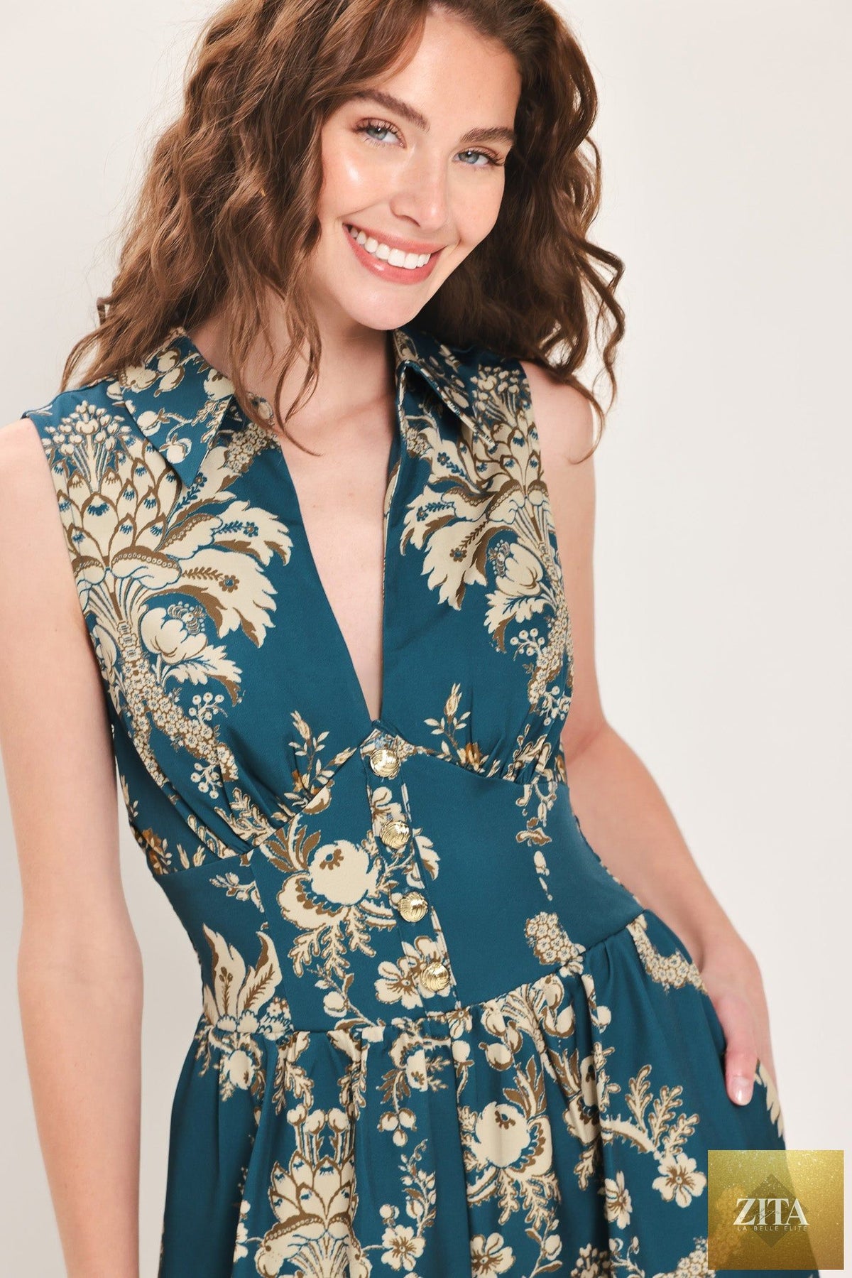 TEAL TAKEOVER PRINTED COLLARED WIDE-LEG JUMPSUIT
