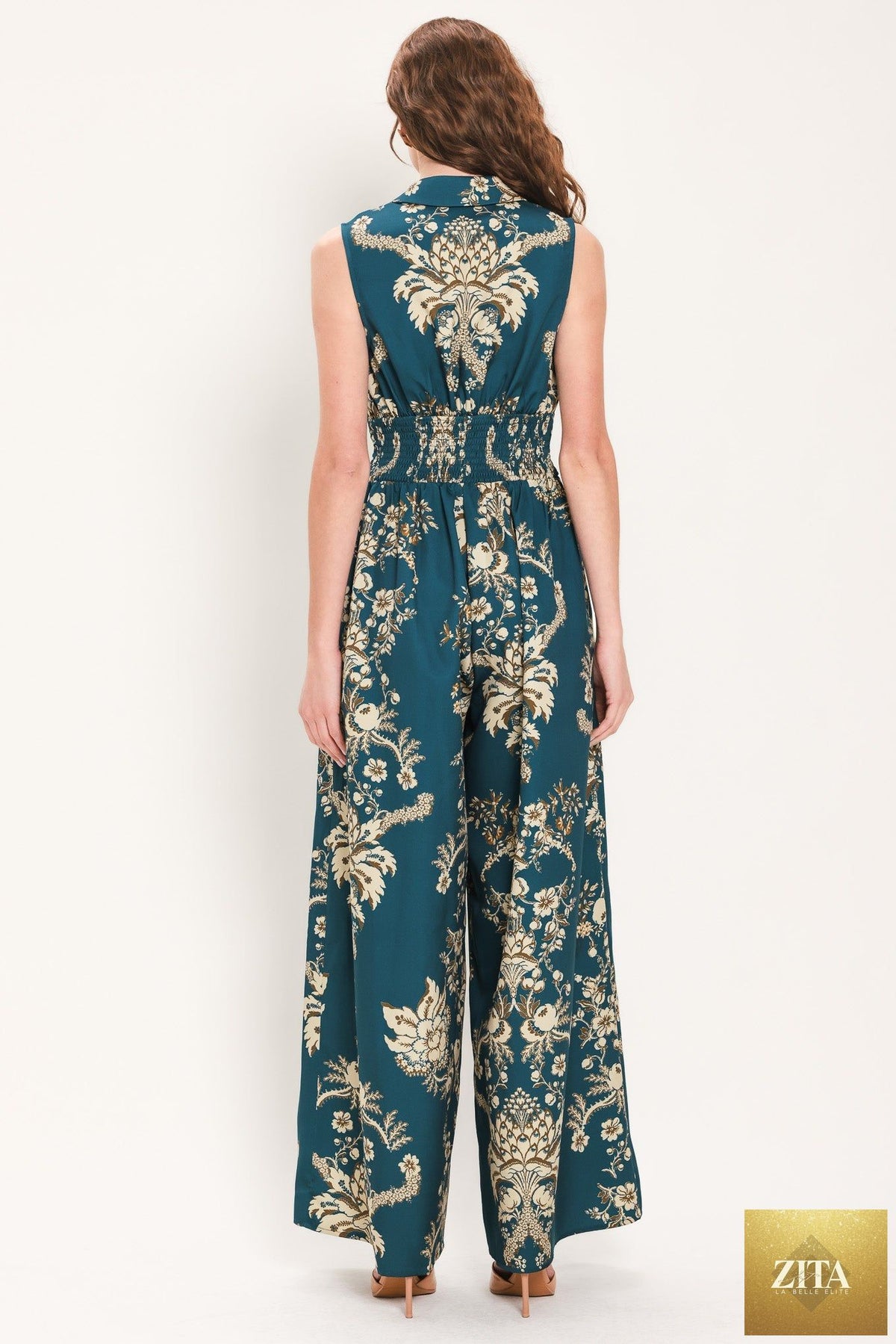 TEAL TAKEOVER PRINTED COLLARED WIDE-LEG JUMPSUIT