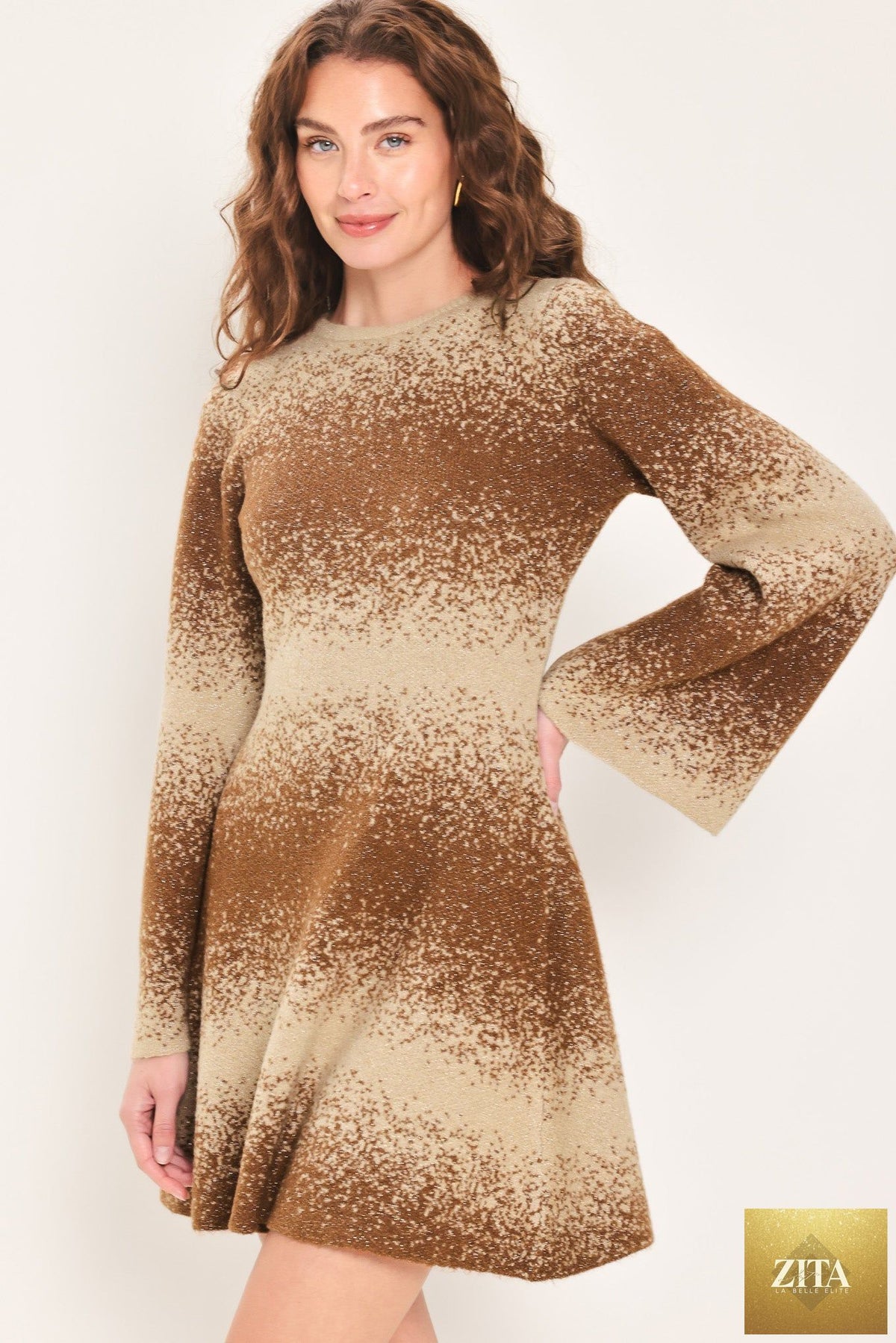 AUTUMN SHIMMER BROWN MULTI LUREX BELL-SLEEVE MINI DRESS
