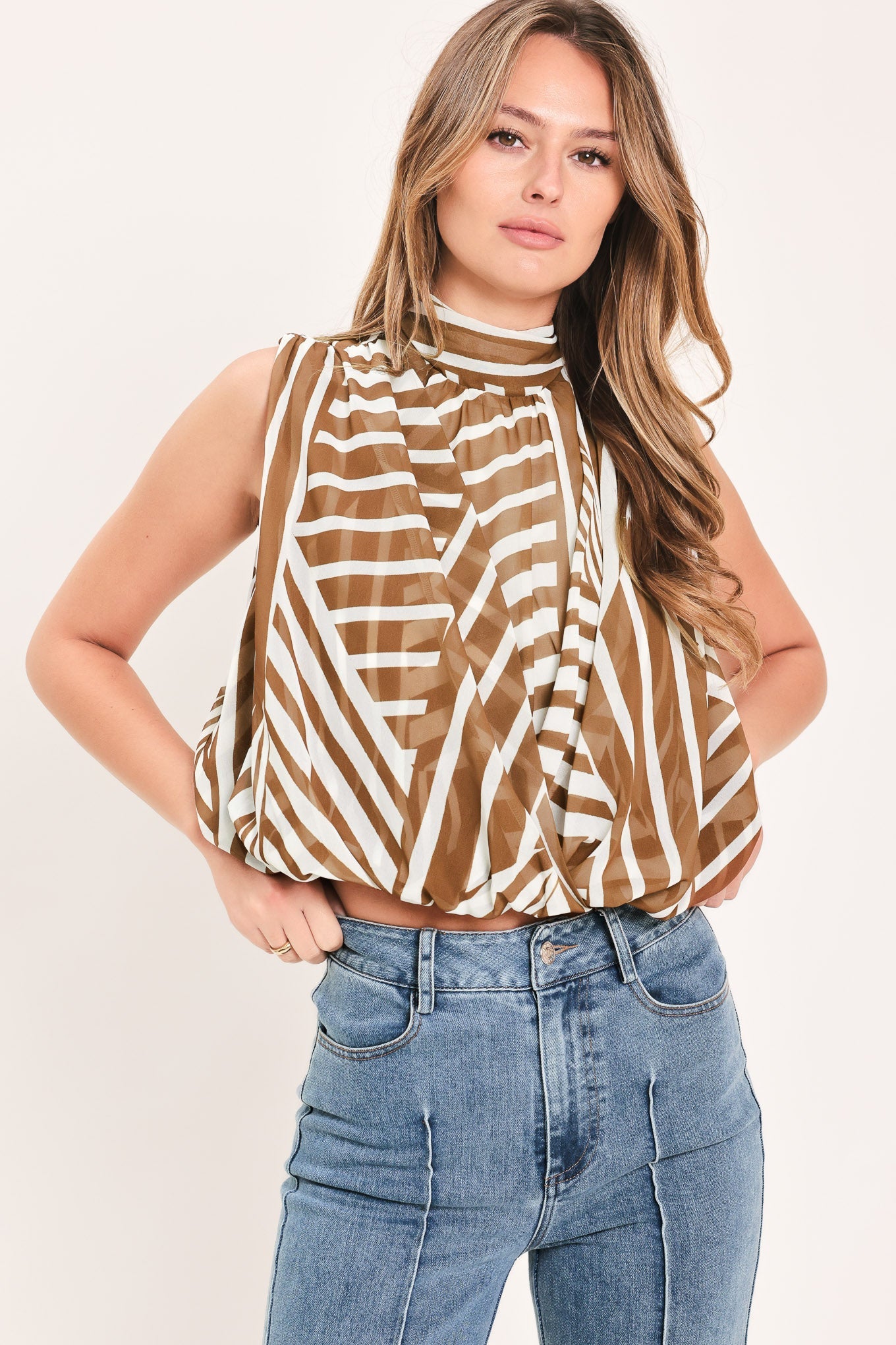 Flying Tomato Latte Ribbon Rhapsody woven top in mocha, featuring a stylish, textured fabric and relaxed fit.