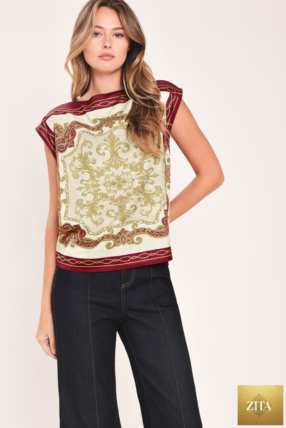 VINTAGE VINE BURGUNDY PRINTED WIDE-NECK TOP