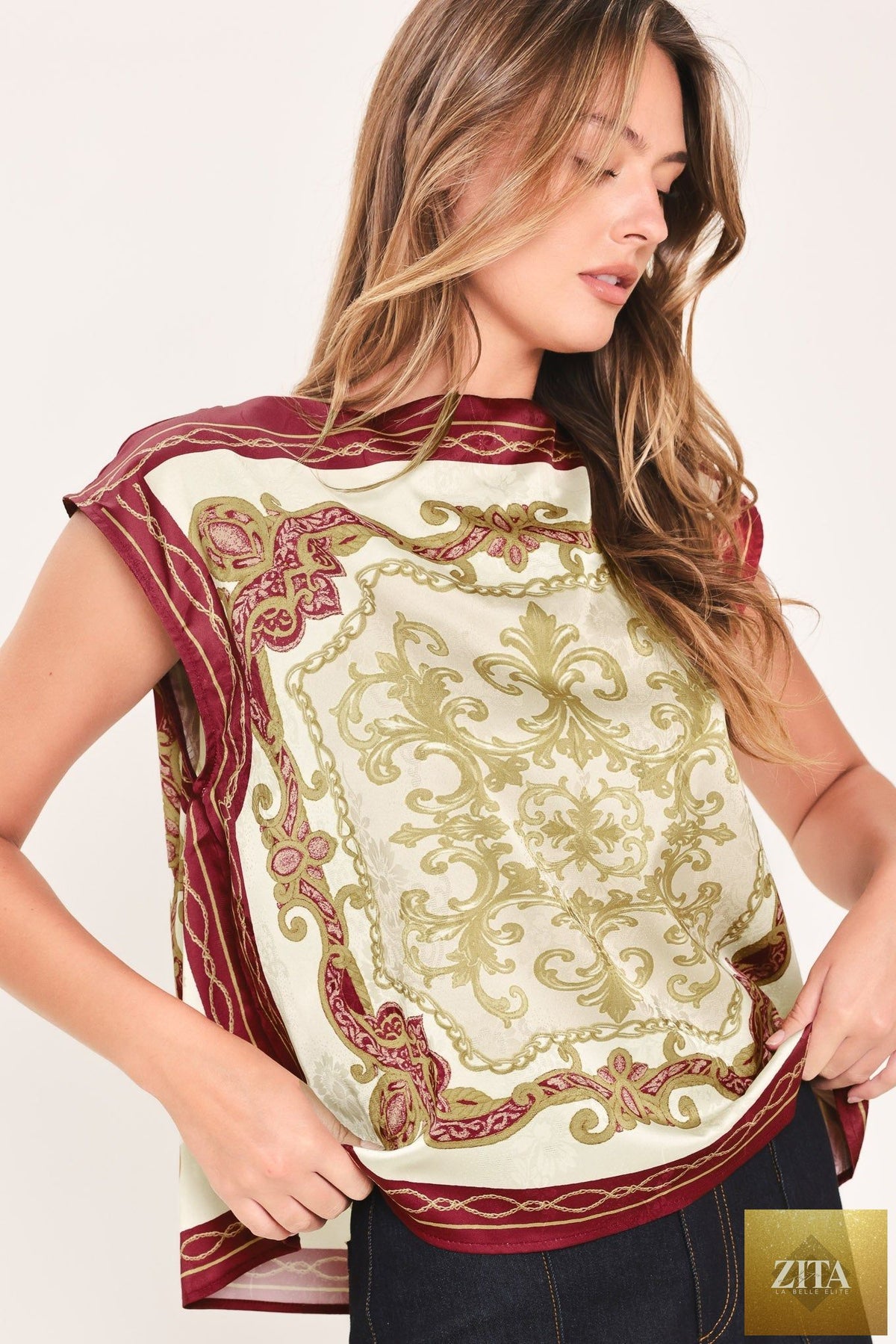 VINTAGE VINE BURGUNDY PRINTED WIDE-NECK TOP