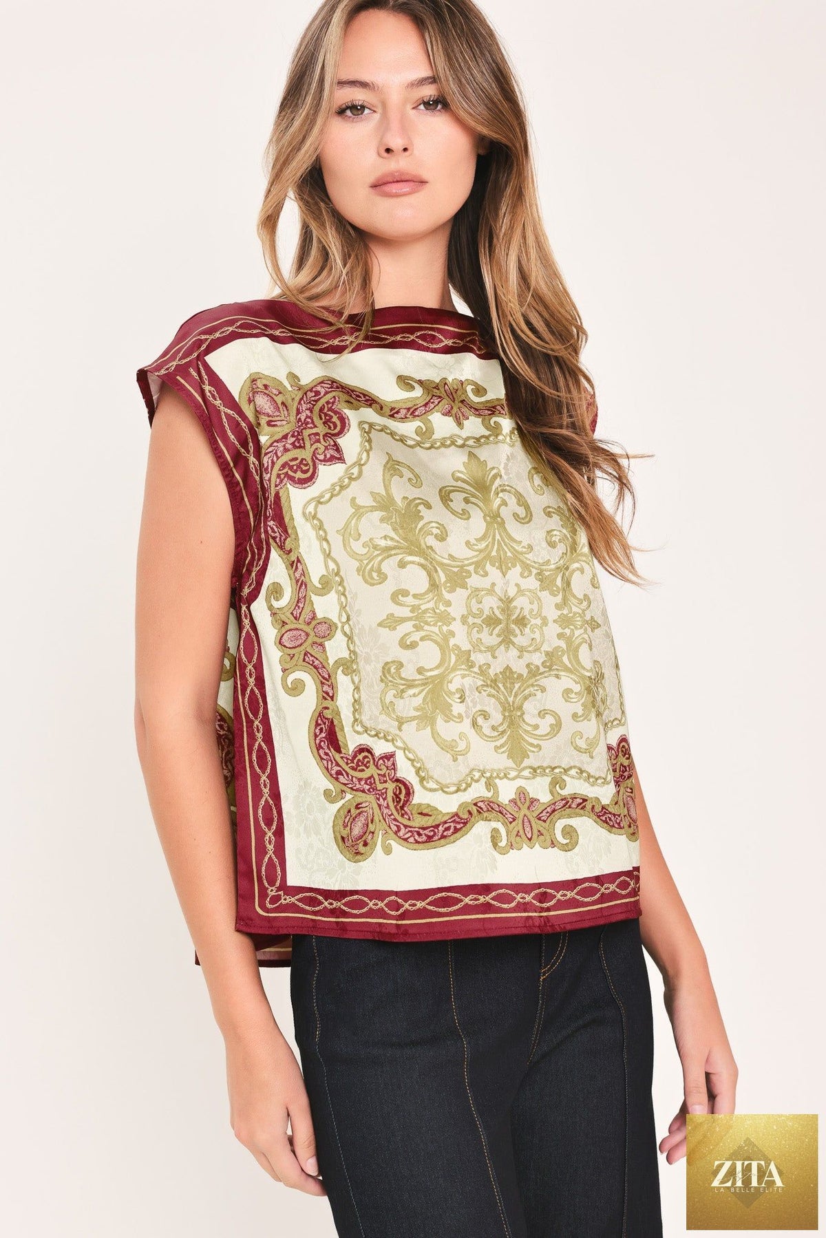 VINTAGE VINE BURGUNDY PRINTED WIDE-NECK TOP