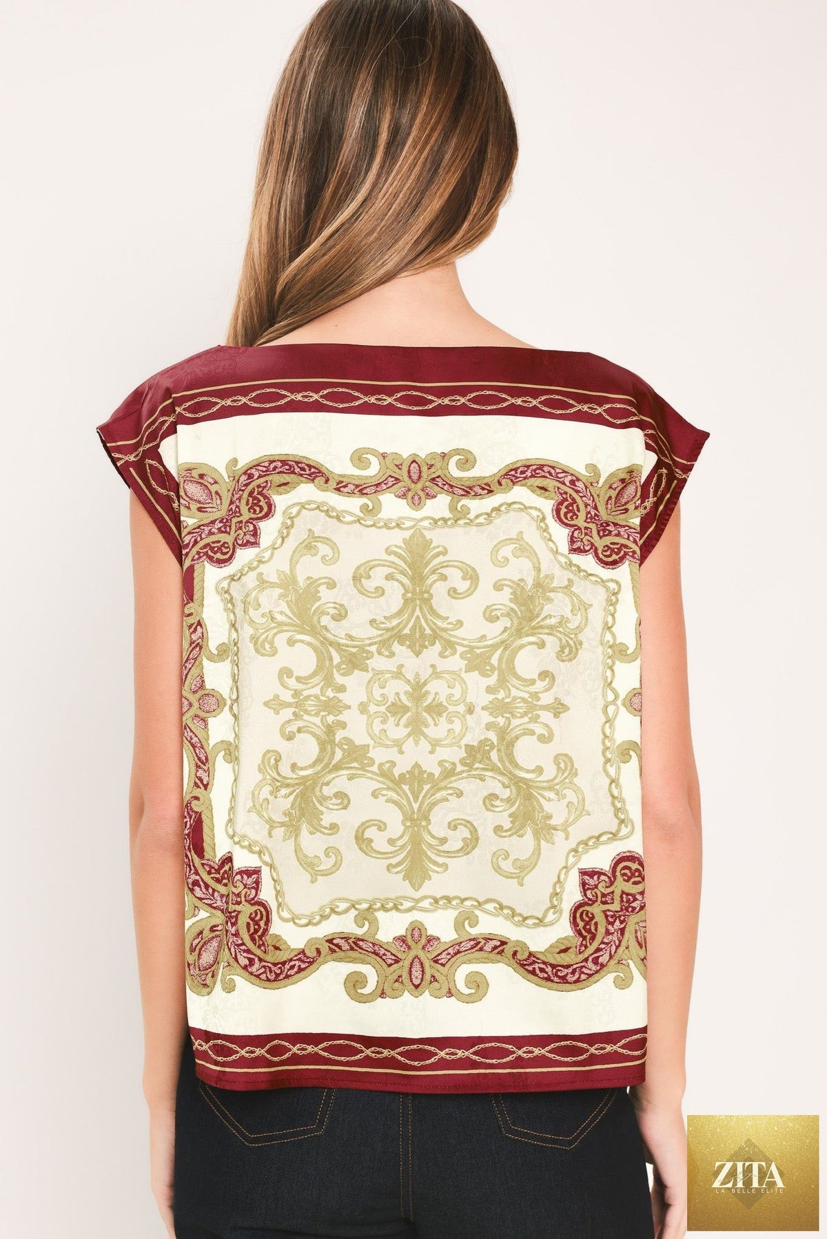 VINTAGE VINE BURGUNDY PRINTED WIDE-NECK TOP