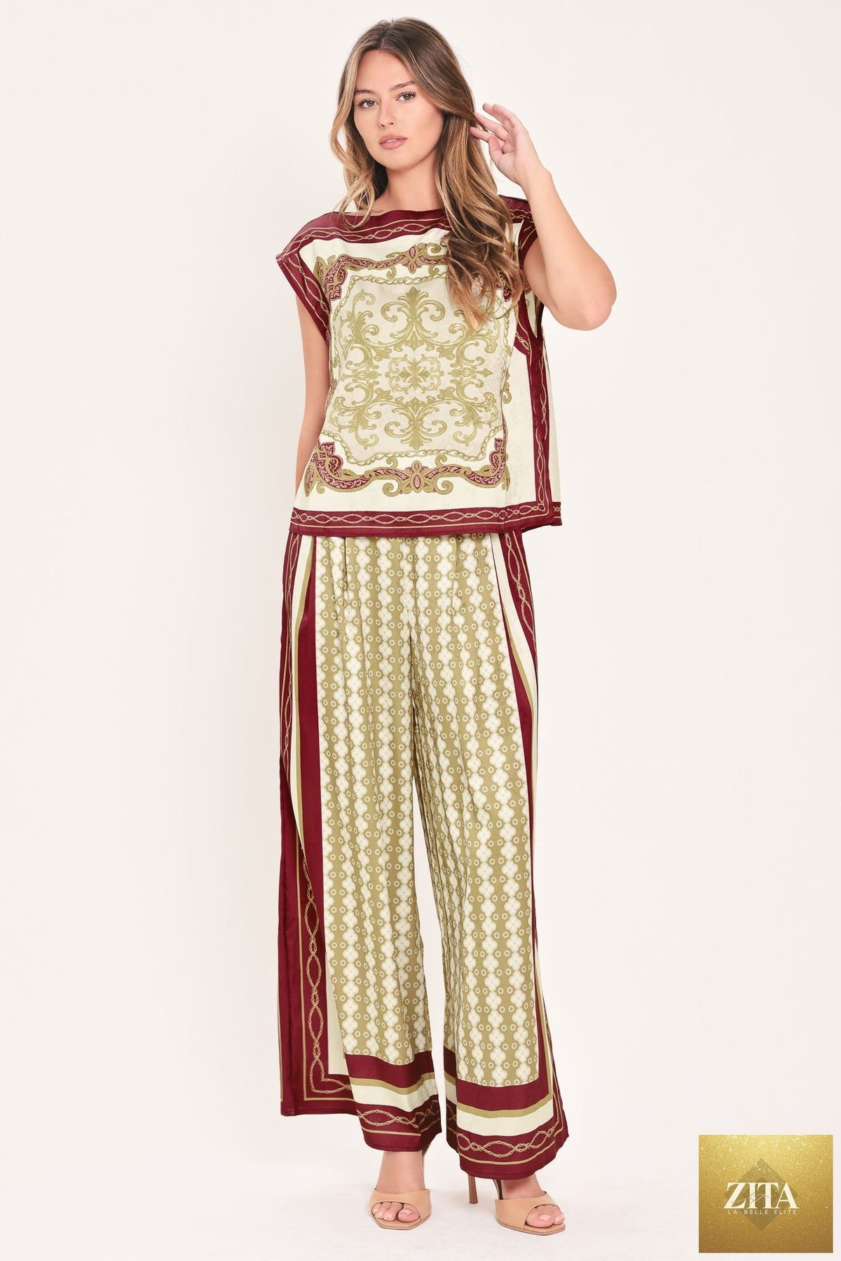VINTAGE VINE BURGUNDY PRINTED WIDE-NECK TOP