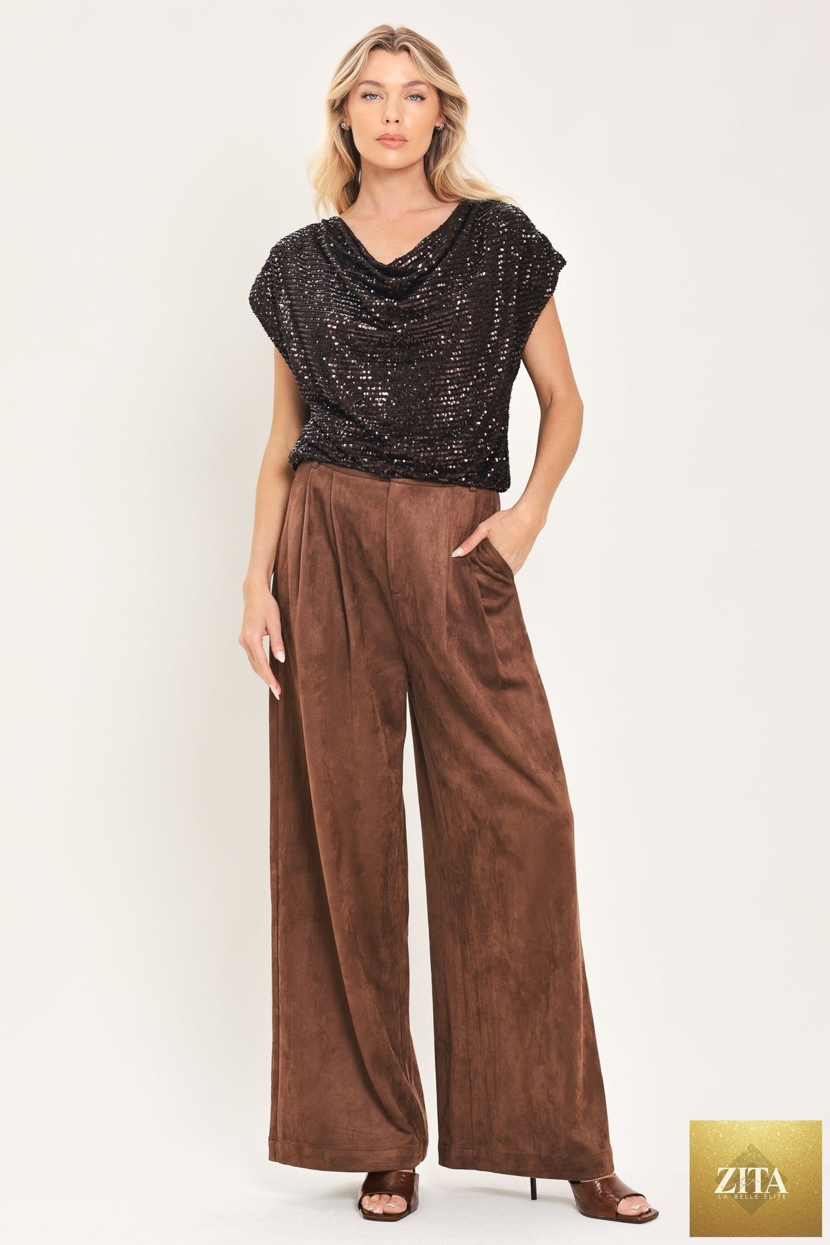 BRONZE GLOW BROWN SEQUIN COWL-NECK DOLMAN TOP