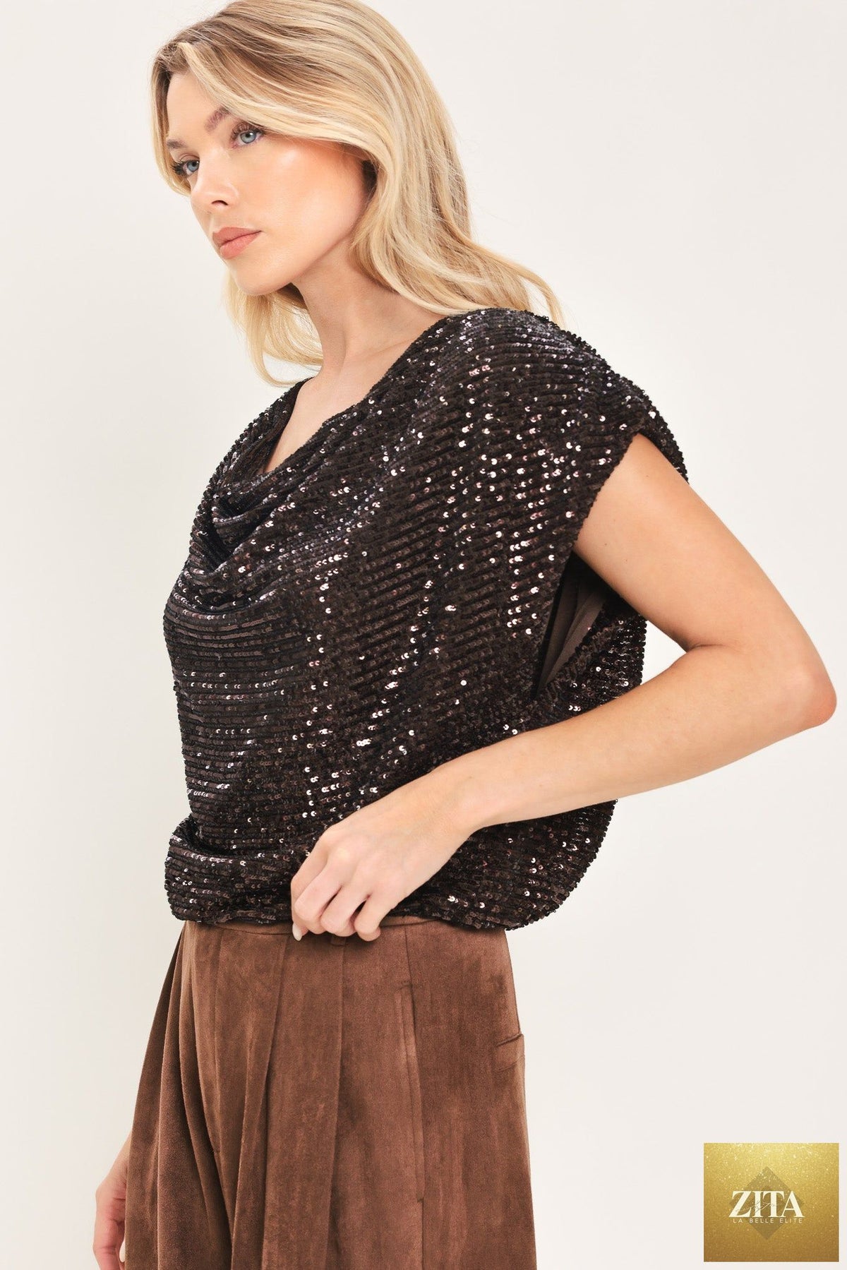 BRONZE GLOW BROWN SEQUIN COWL-NECK DOLMAN TOP