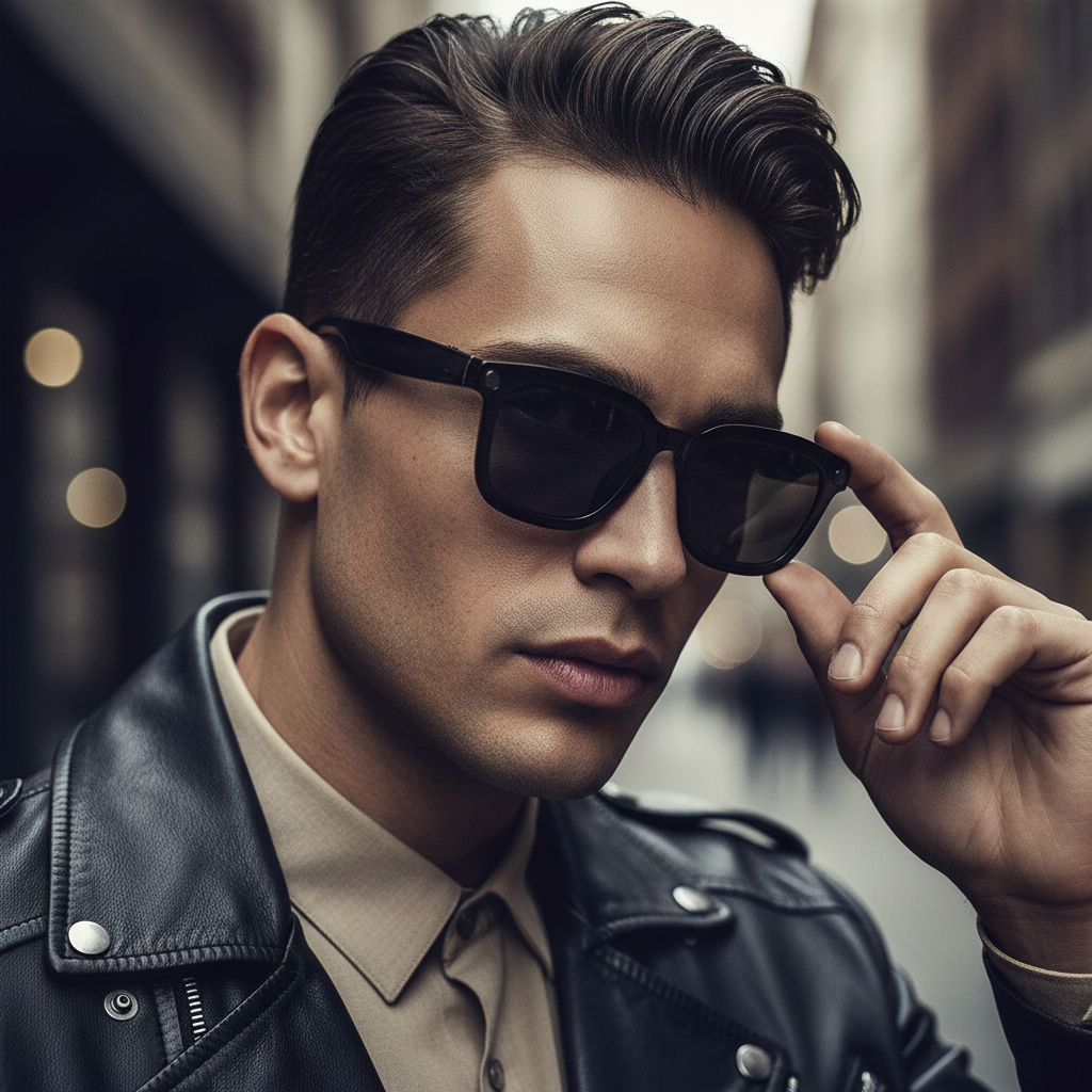 Italian man wearing HeyCyan Onyx Black AI Smart Glasses with 8MP video recording and real-time translation features.