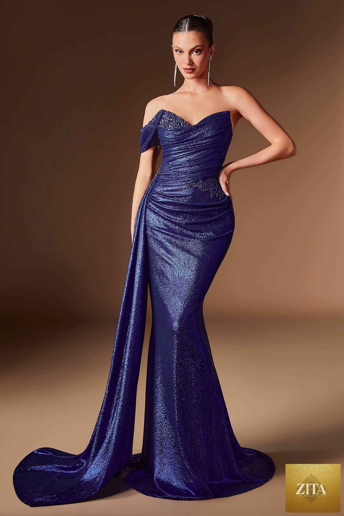Ladivine J913 One Shoulder Metallic Fitted Dress With Sash