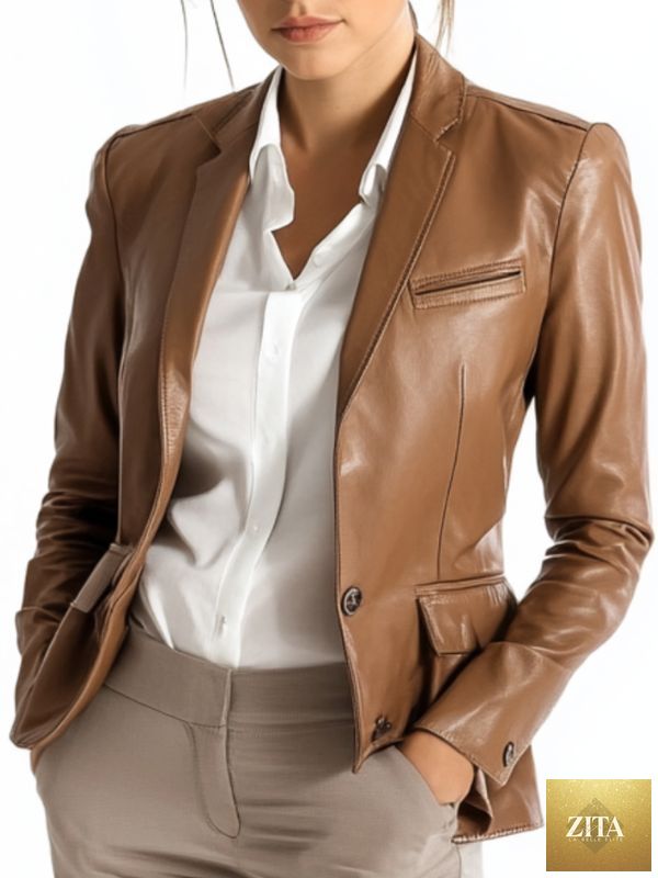 Brown leather blazer for women by Martin Jackets, tailored fit with lapel collar and stylish design, shown on a model.
