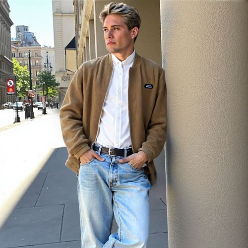 Mens Round Collar Winter Zipped Up Elbow Patch Jacket Yellow Pandora