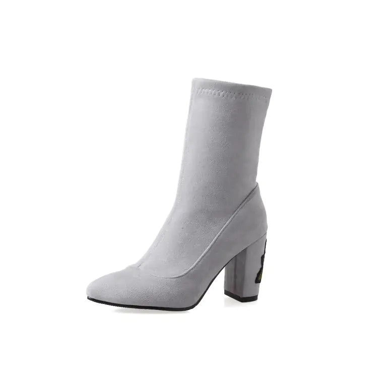 Embroidered Gray Ankle Boots with Chunky Heels for Women