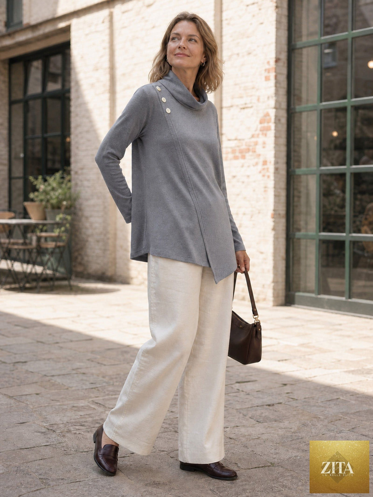 Mock Neck Buttoned Stretch Top ZARIA