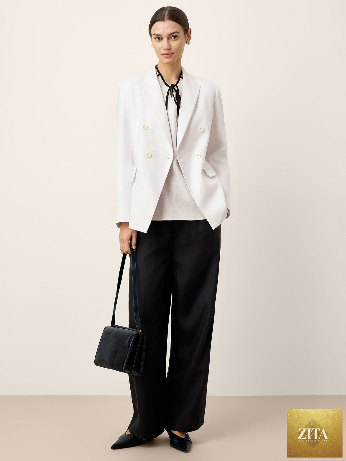 Linen Peak Lapel Crossover Blazer IRIS