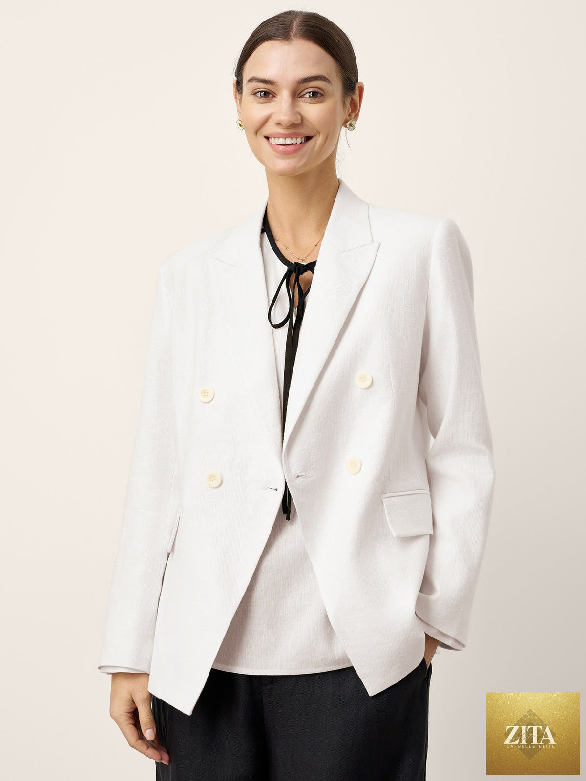 Linen Peak Lapel Crossover Blazer IRIS