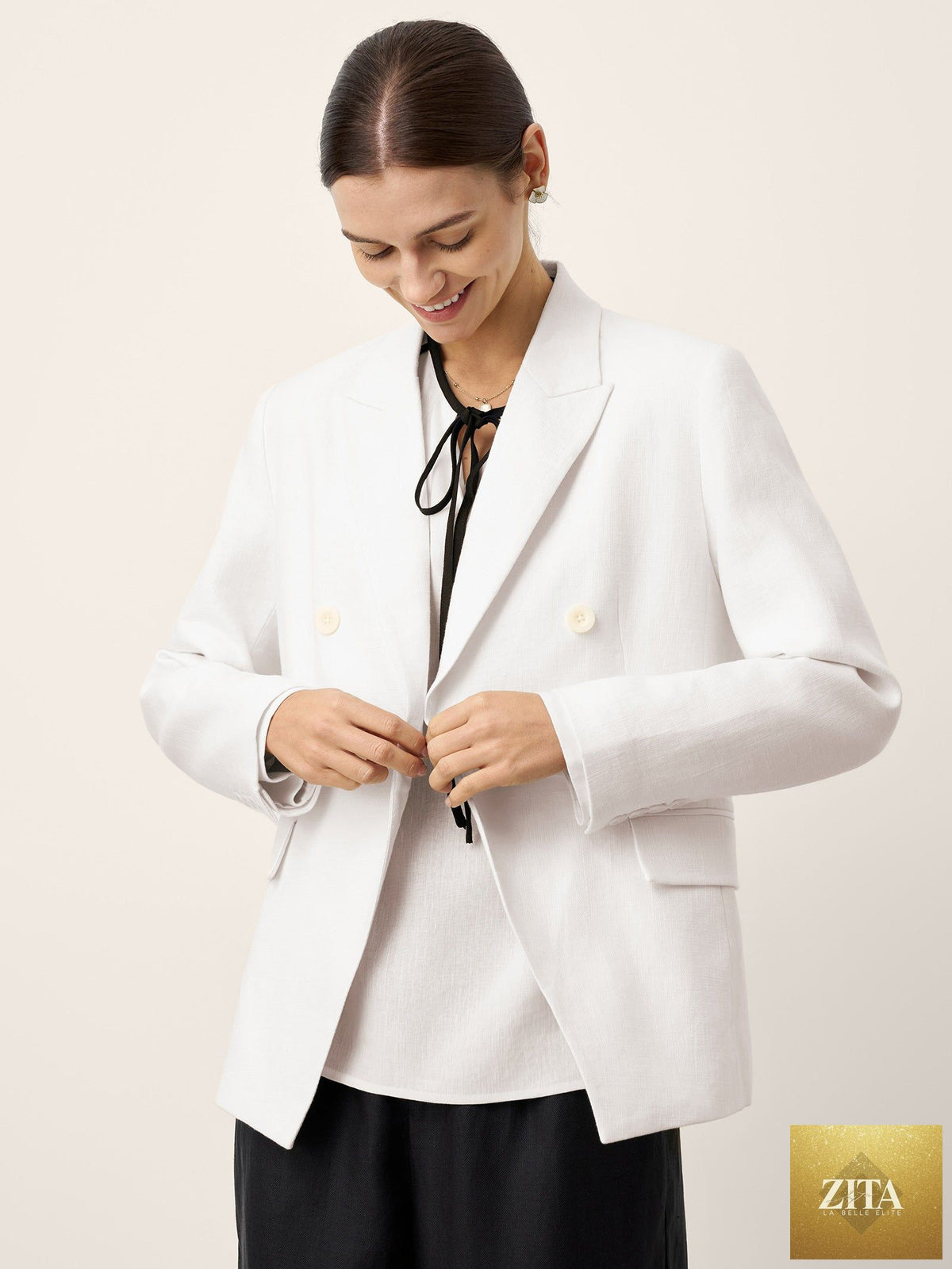 Linen Peak Lapel Crossover Blazer IRIS
