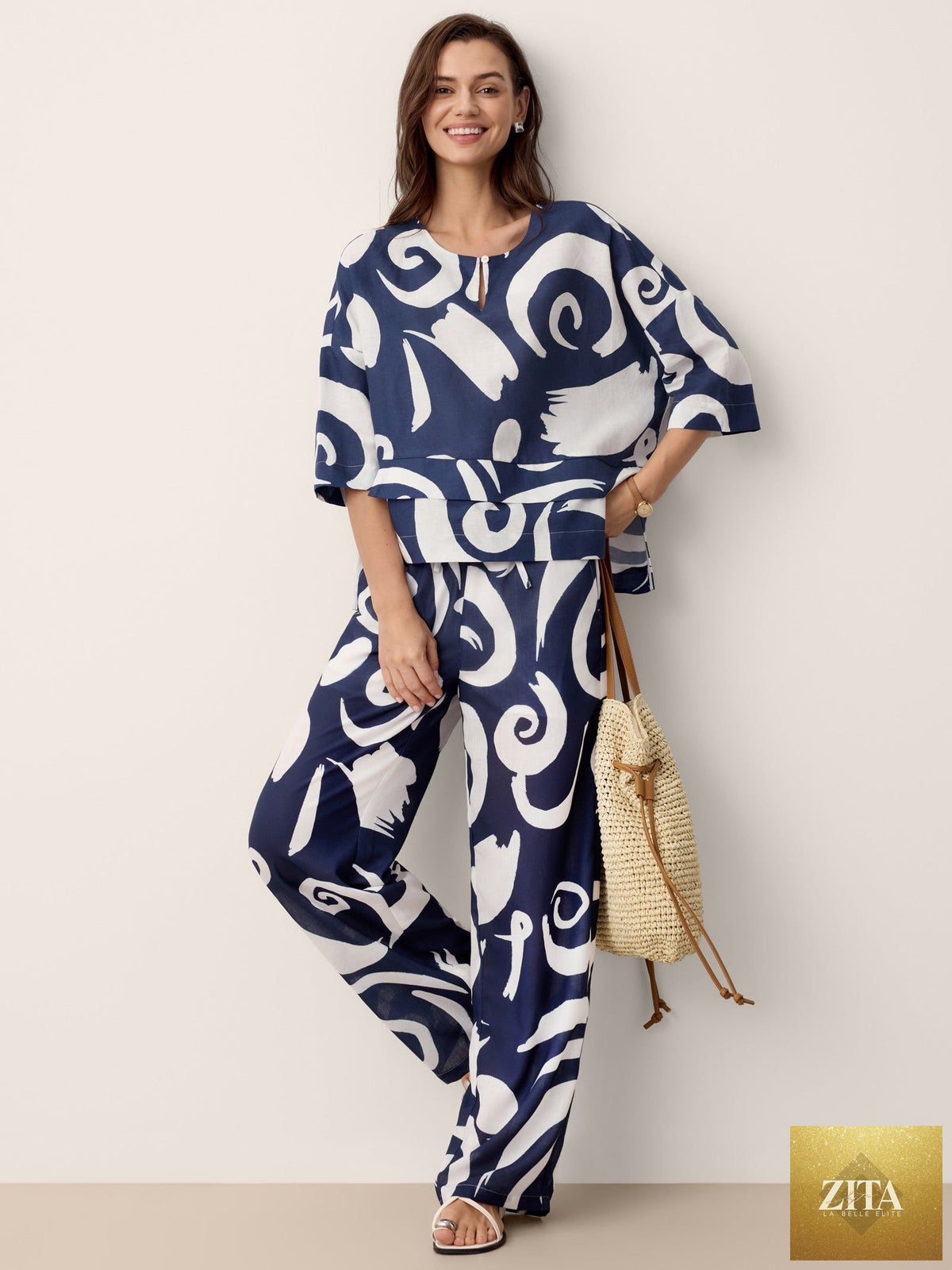 Linen Abstract-Print Straight-Leg Pants ORLA