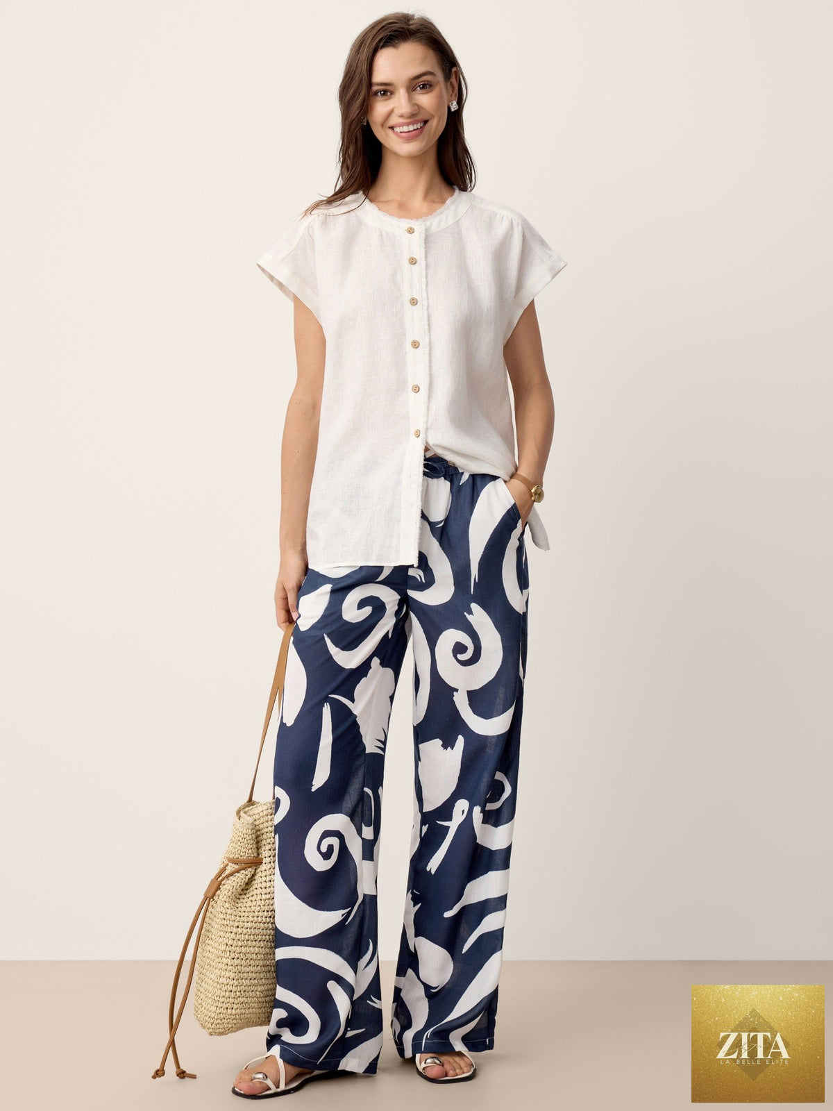 Linen Abstract-Print Straight-Leg Pants ORLA