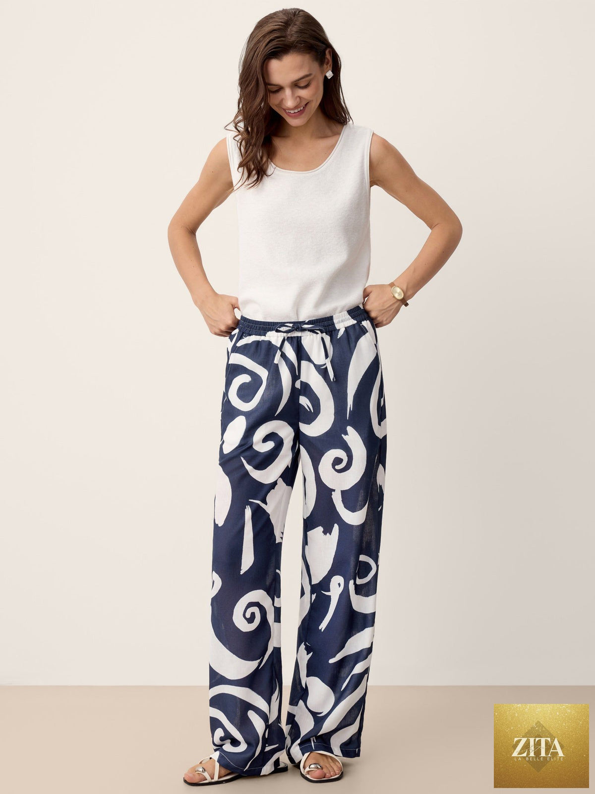 Linen Abstract-Print Straight-Leg Pants ORLA