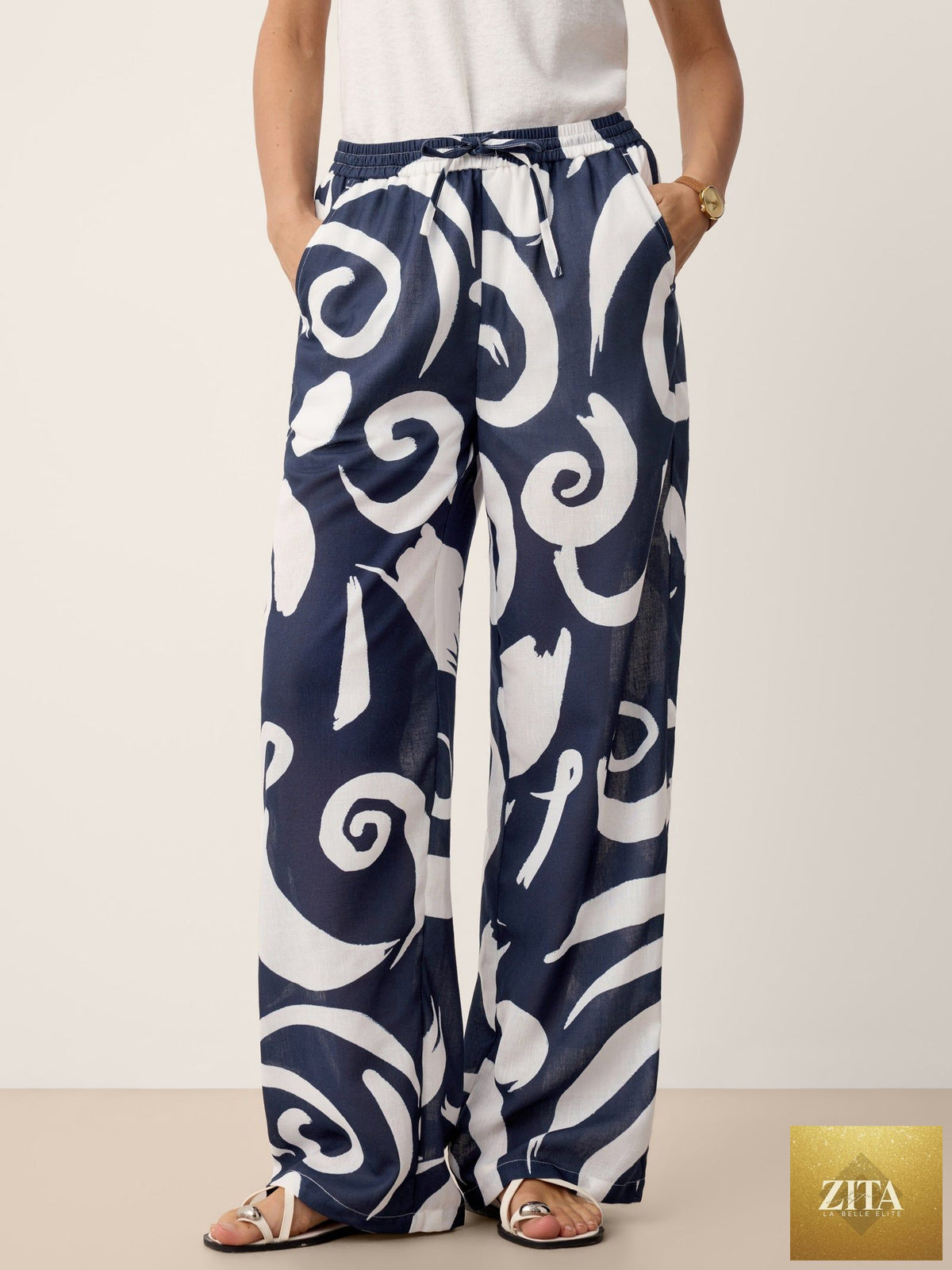 Linen Abstract-Print Straight-Leg Pants ORLA