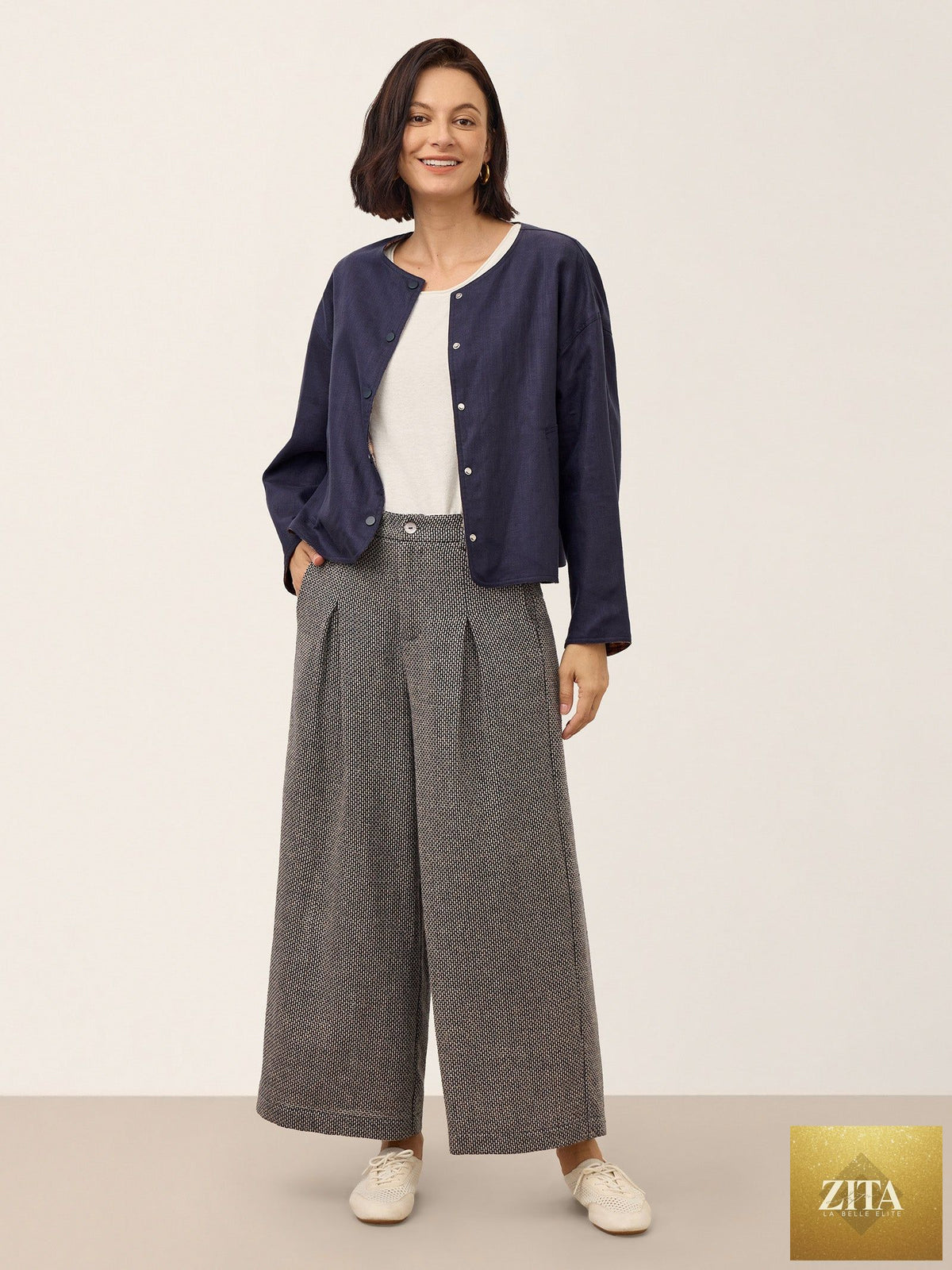 Linen Yarn Dyed Check Pleated Wide Leg Pants DELARA