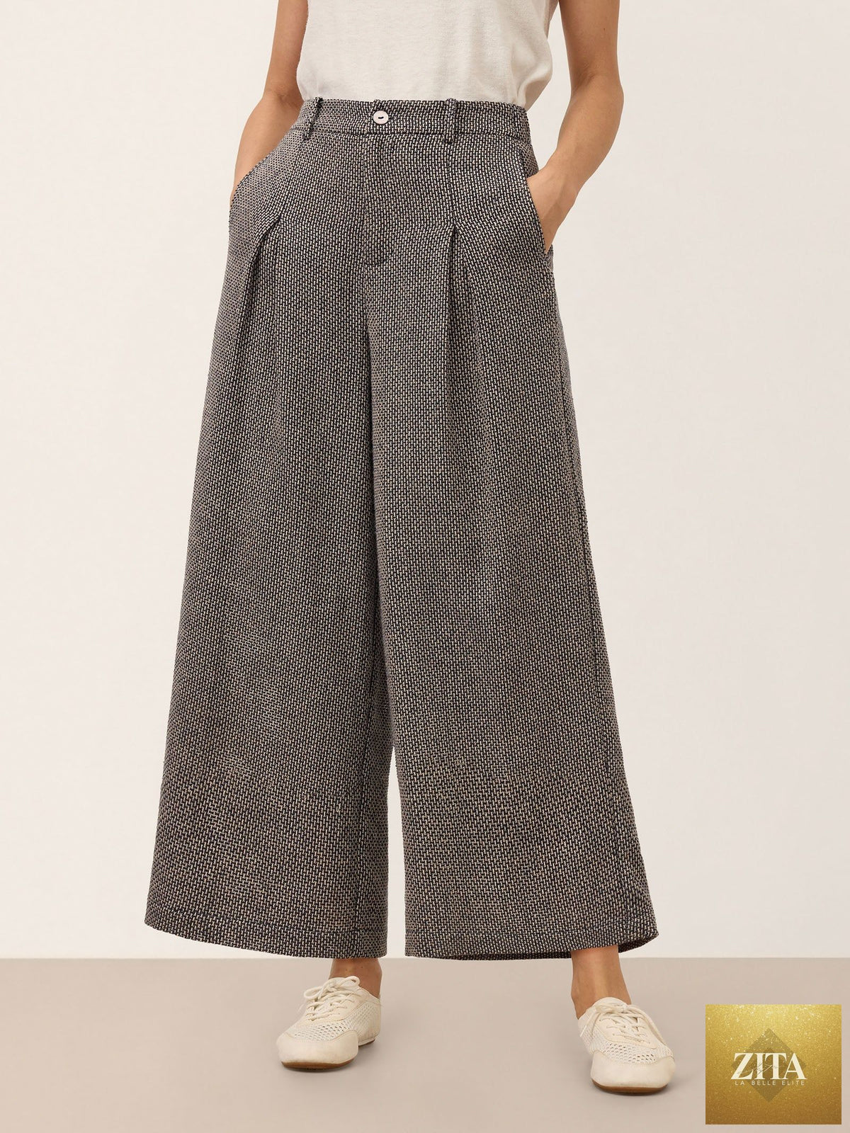 Linen Yarn Dyed Check Pleated Wide Leg Pants DELARA