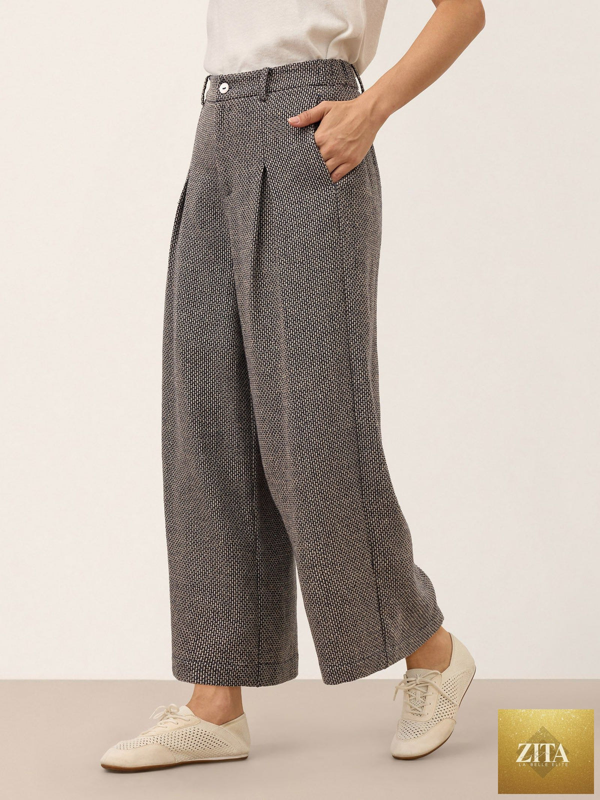 Linen Yarn Dyed Check Pleated Wide Leg Pants DELARA