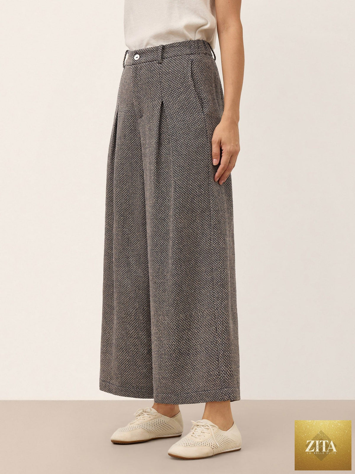 Linen Yarn Dyed Check Pleated Wide Leg Pants DELARA