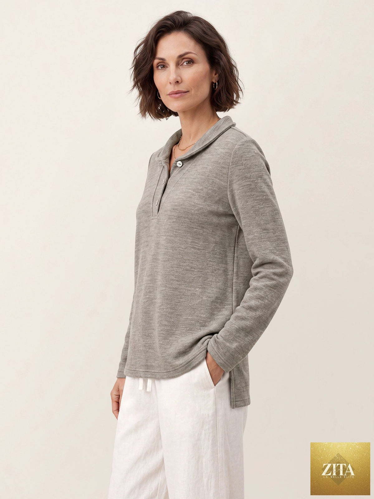 Lyocell Wool Peter Pan Collar Shell Button Knit Top ELIANE