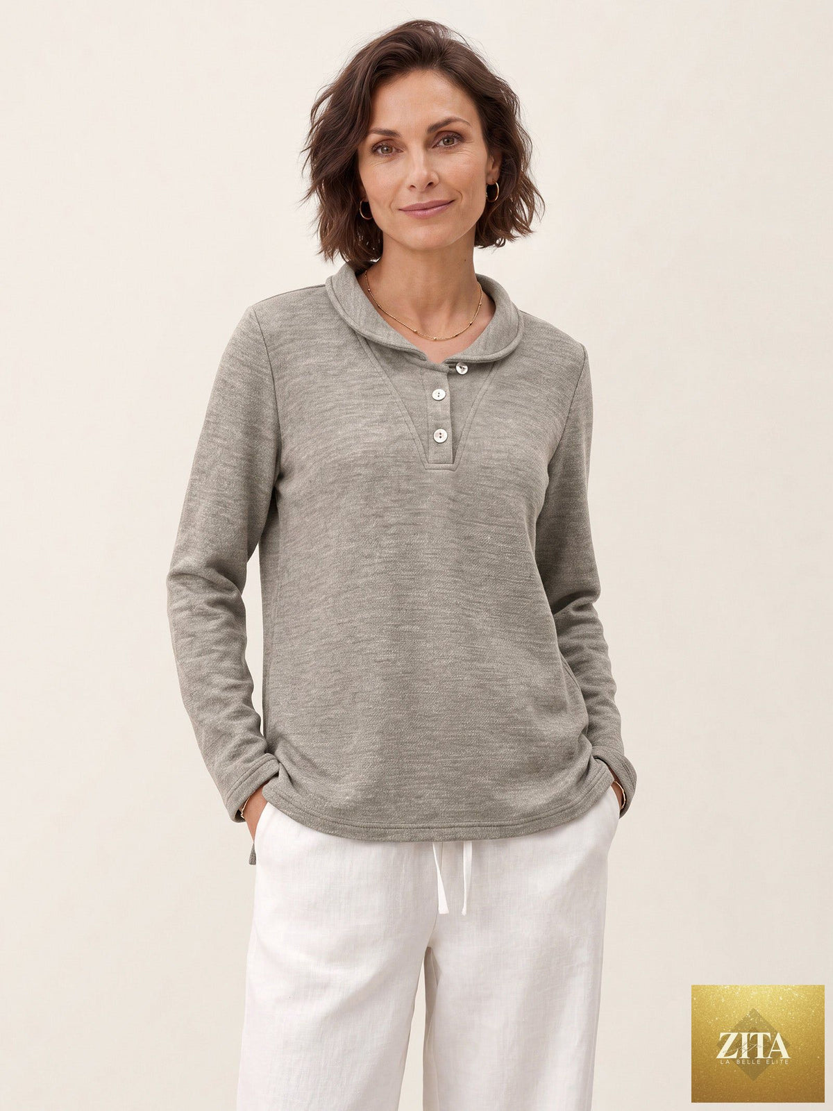 Lyocell Wool Peter Pan Collar Shell Button Knit Top ELIANE