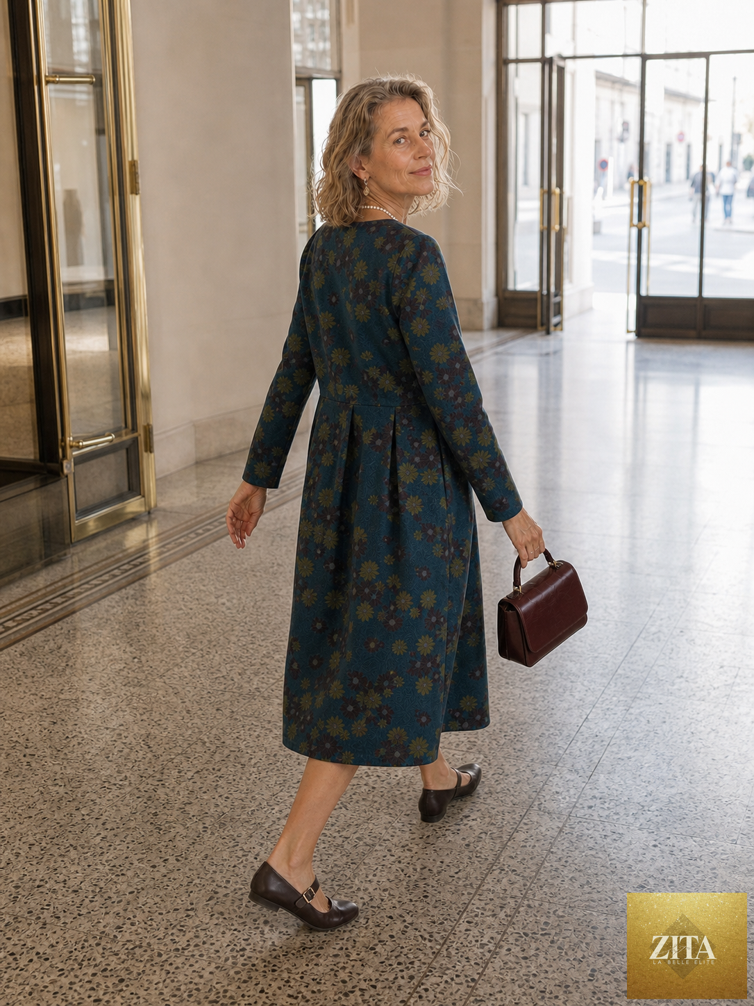 100% Organic Cotton Ruched Print Boat Neck Midi Dress CRESSIDA