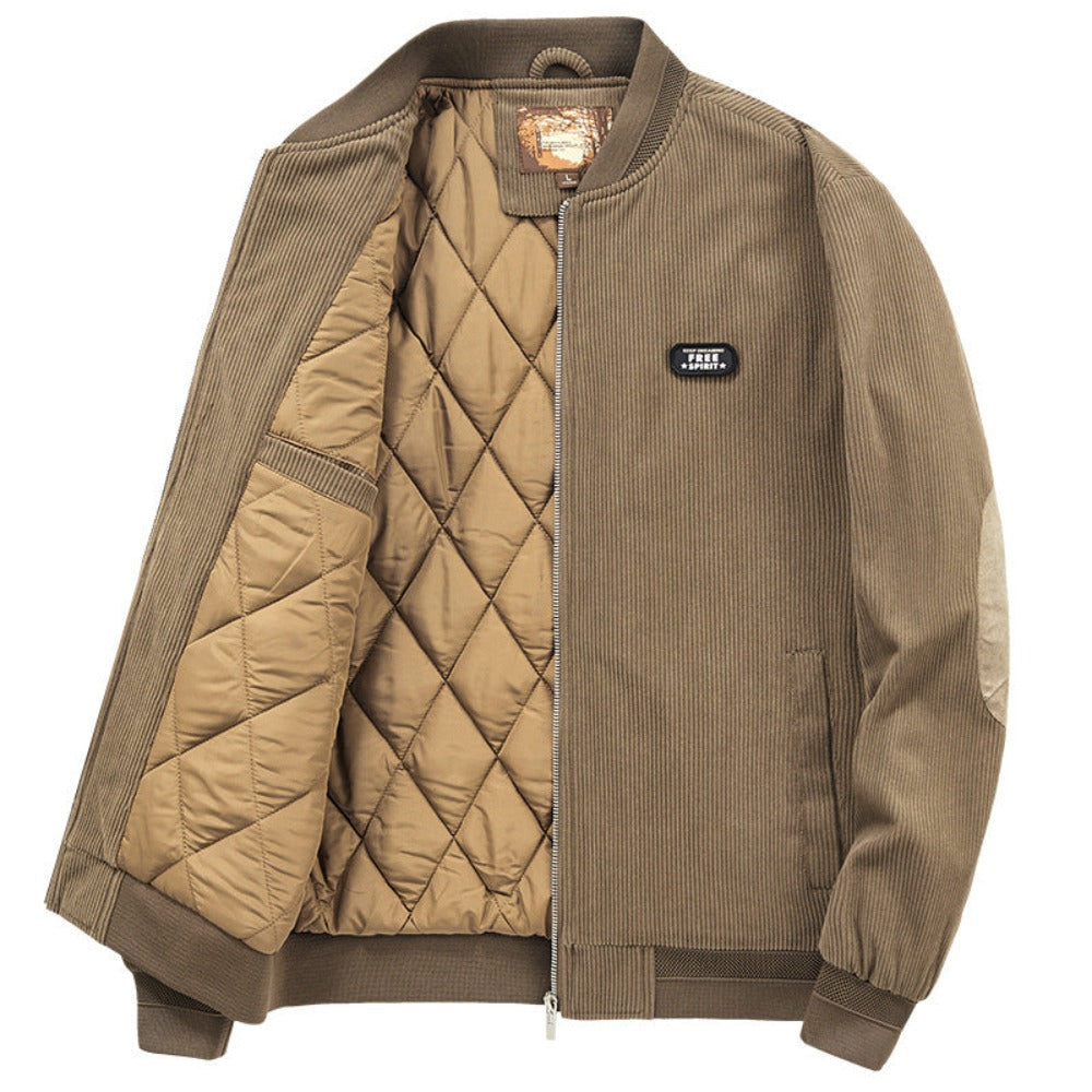 Mens Round Collar Winter Zipped Up Elbow Patch Jacket Yellow Pandora