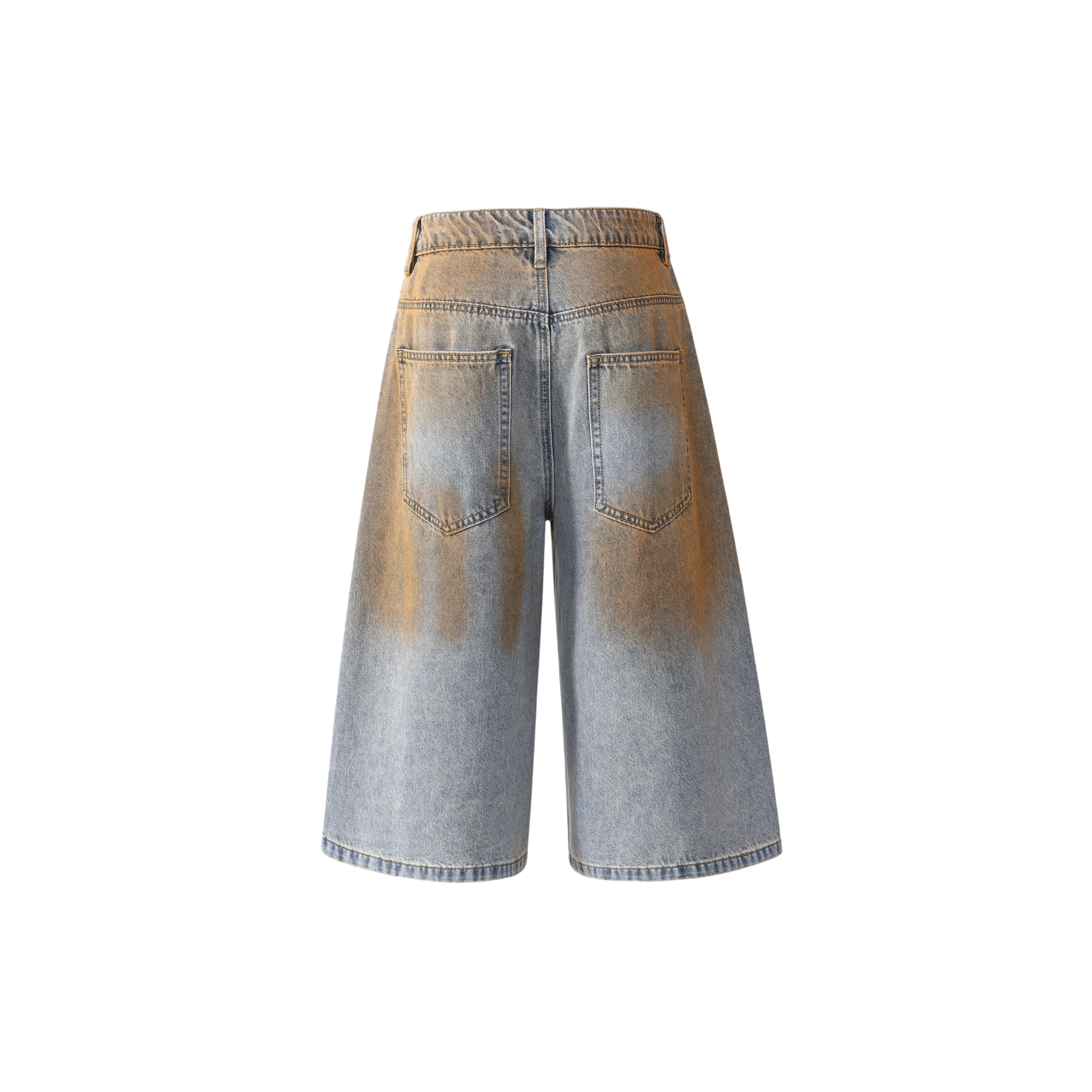 Undeveloped washed denim shorts featuring a casual fit, distressed details, and classic five-pocket style on a plain background.